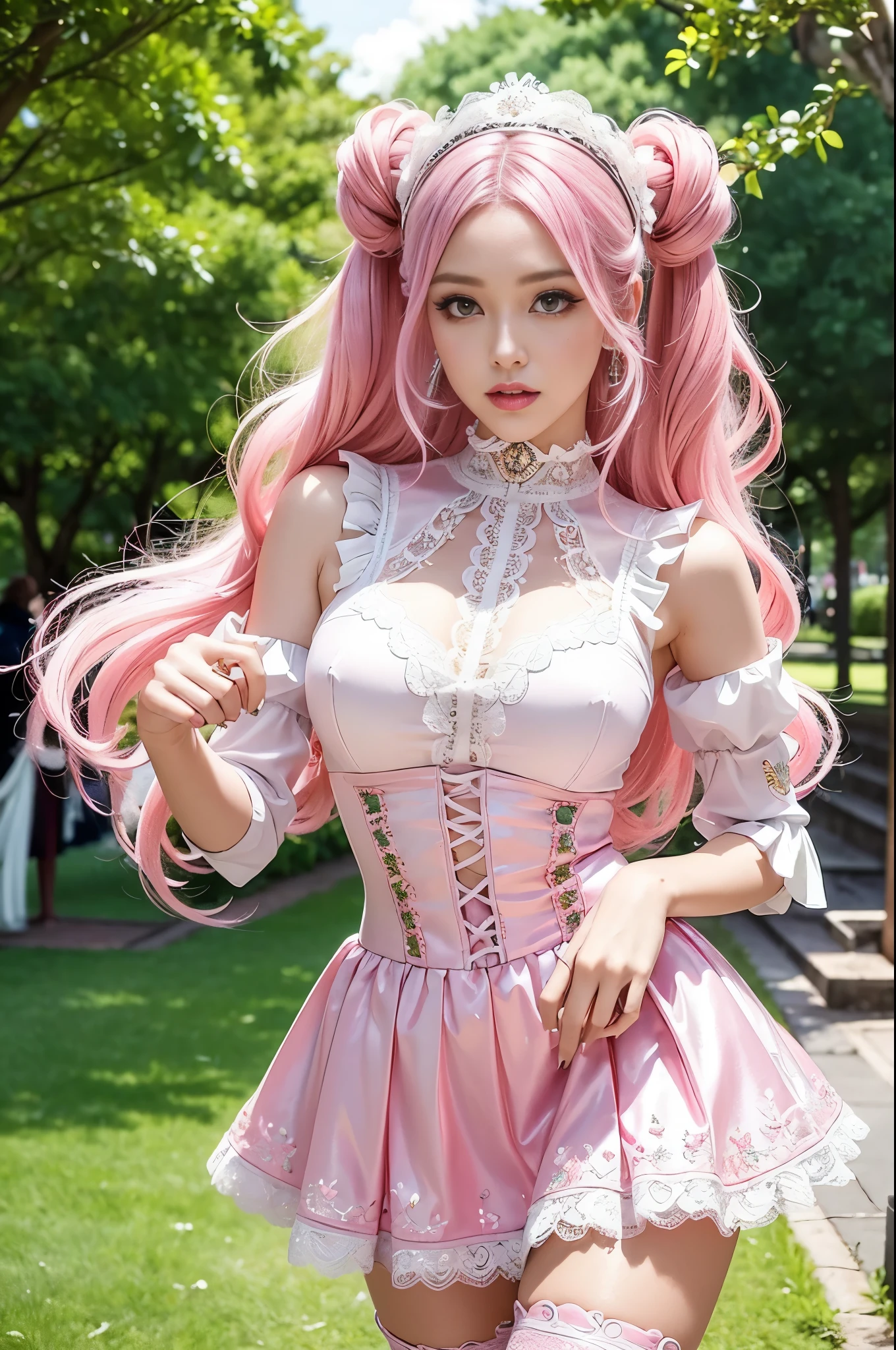 sexy stylish Swedish model, only 1 female, ((doll-like appearance)), long neon pink stylish hair, ((shiny Victorian-Style boots)), beautiful smile, ultra detailed eyes, vivid eye makeup, lipgloss, long lashes, defined eyebrows, ((sexy Paradise Kiss cosplay)), bell-shaped skirt, petticoats, high neckline, puffed sleeves, (( ultra detailed lace)), ((ultra detailed embroidery)), intricate details, Paradise Kiss accessoires and matching headpiece, choker, ((large sparkling Paradise Kiss jewelry)), cinematic light, detailed large park background with trees 