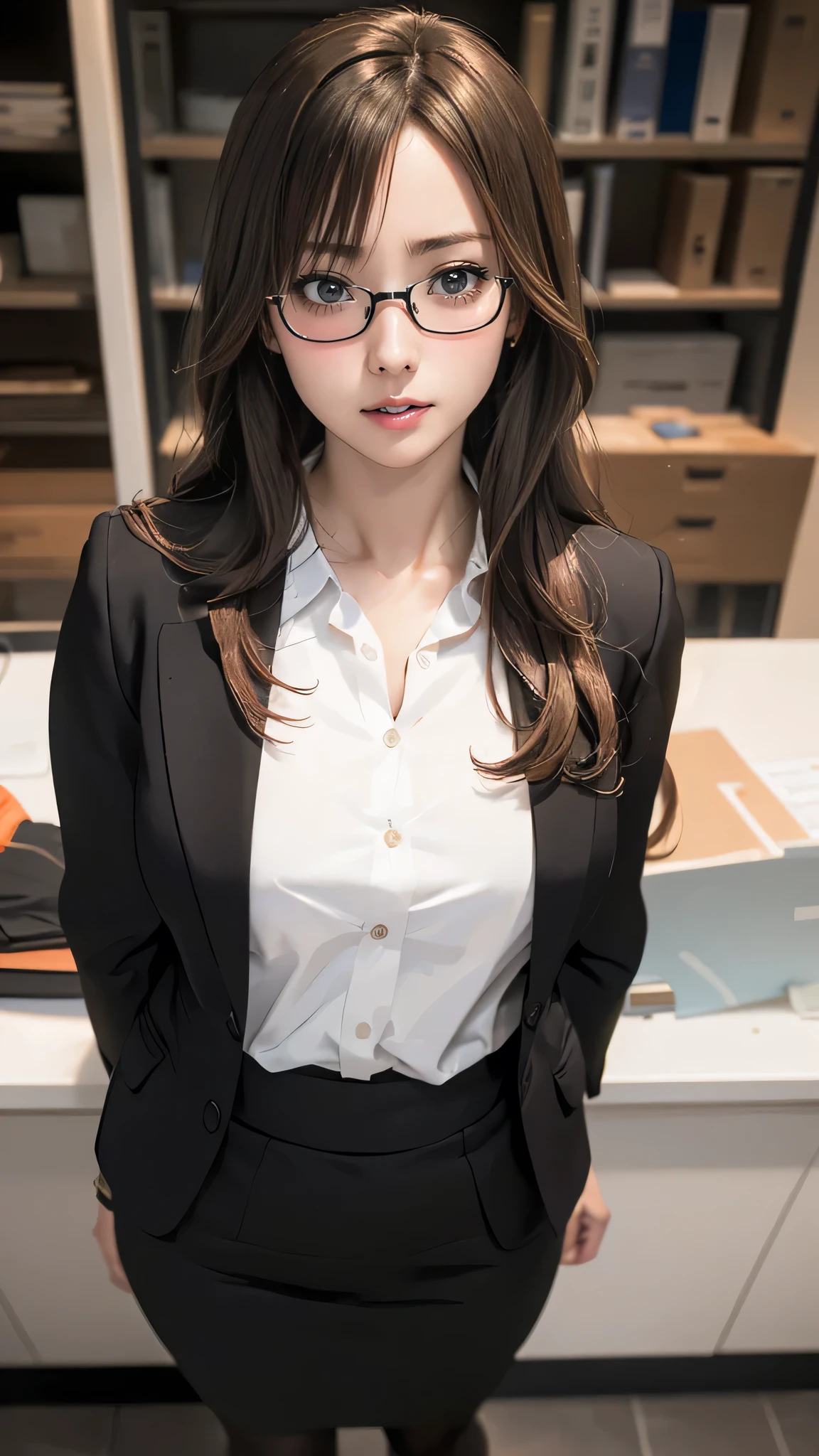 full body,1woman,random office lady fashion,(wearing glasses:1.2),black pantyhose,(random porn pose),(Thin type:1.8),(large breasts),(random hairstyle),(Highest image quality,(8K), Ultra-realistic, Best Quality, High quality, High Definition, high quality texture, high detailing, Beautiful detailed, fine detailed, extremely details CG, Detailed texture, realistic representation of face, masterpiece, presence)