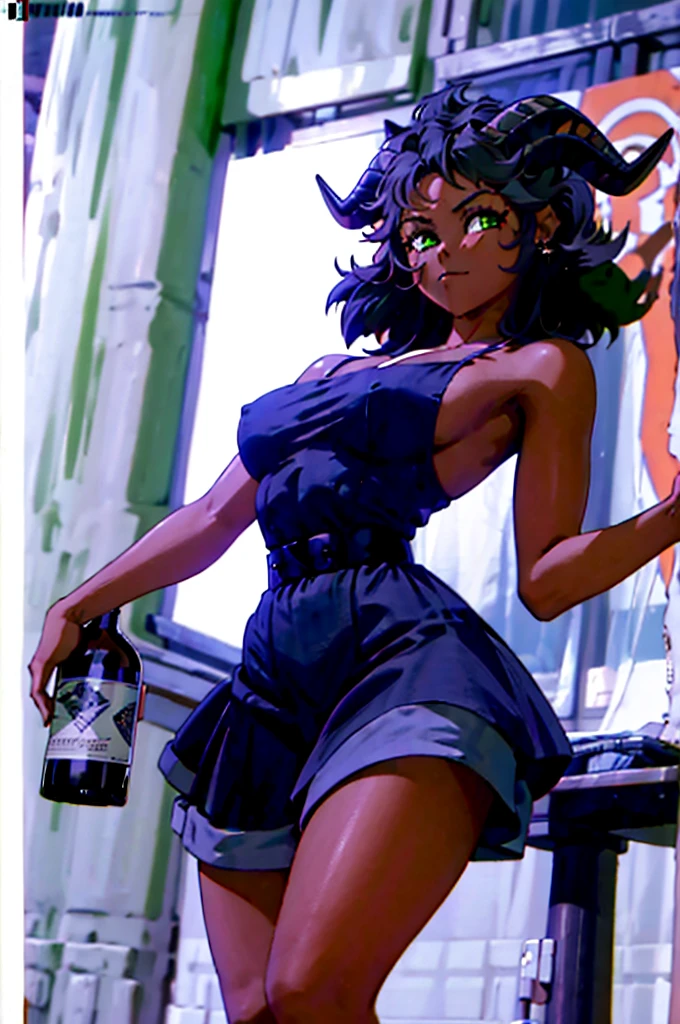 (Masterpiece) (High Detail) (High Res) (Black Skin) (Anime) (Full body picture) A beautiful young adult, black humanoid FutEred, dark skin, soft detailed face, detailed green eyes, short scruffy black hair, goat ears, short symmetrical black goat horns, looking smug at the camera, toned body, small to average breasts, Wearing a 1950s fancy dress, holding a bottle of alcohol, startled face