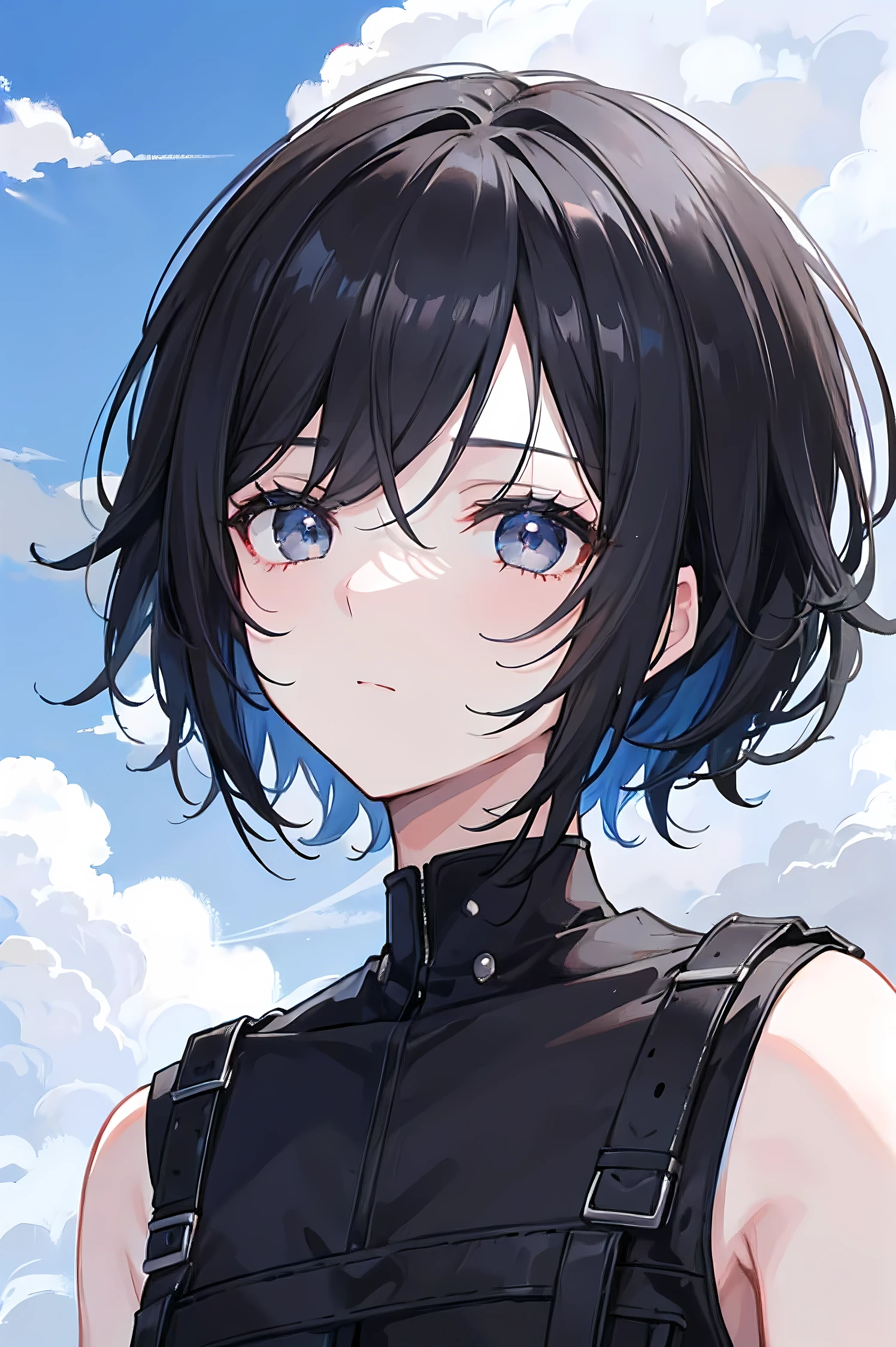 Black color hair,short detailed hair,Black eyes,Libido boy,Handsome,shoun,white short sleeve,the sky background,with blue sky and white clouds