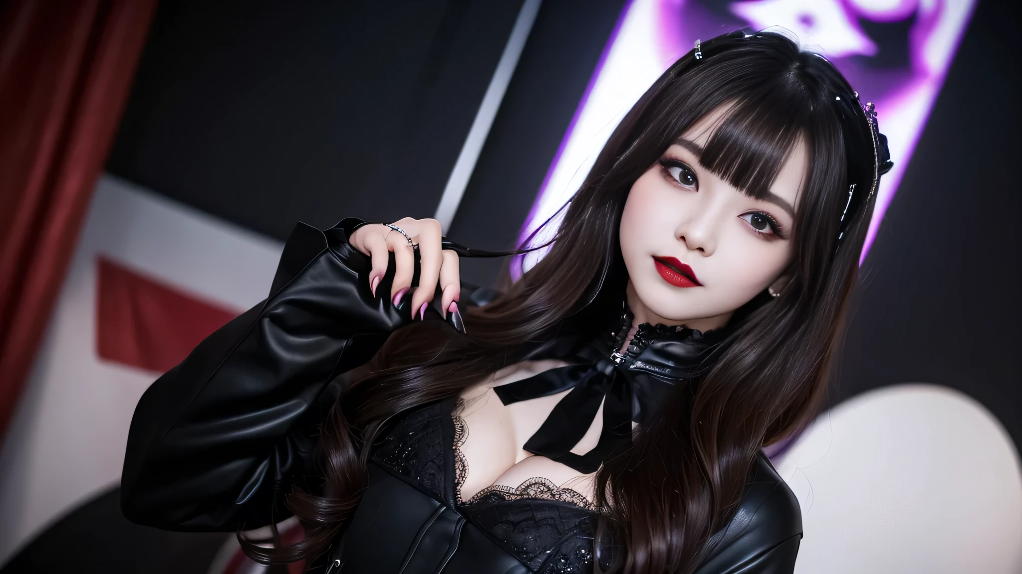 best quality、ultra-detailed、4k、Japanese、Seductive beauty、seductive adult woman、Pretty Woman、cool girl、Villainess、Brainwashed、brainwash、Fallen into evil、smirk、Evil look、Wicked Smile、evil、Brown hair、wavy hair、swept bangs、dark makeup、dark makeup、piercing eyes、hollow eyes,half-closed eyes、Hollow Eyes、purple Eyeshadow、black lipstick、black lipglos、night、inside darkroom、Are standing、shoot from below、Have lipstick、pantyhose、Emblem of Evil、Crest of Darkness、Swear allegiance、I have pledged my allegiance、Dye black、Blackening、Stained with evil、Dyed in darkness、Seduce