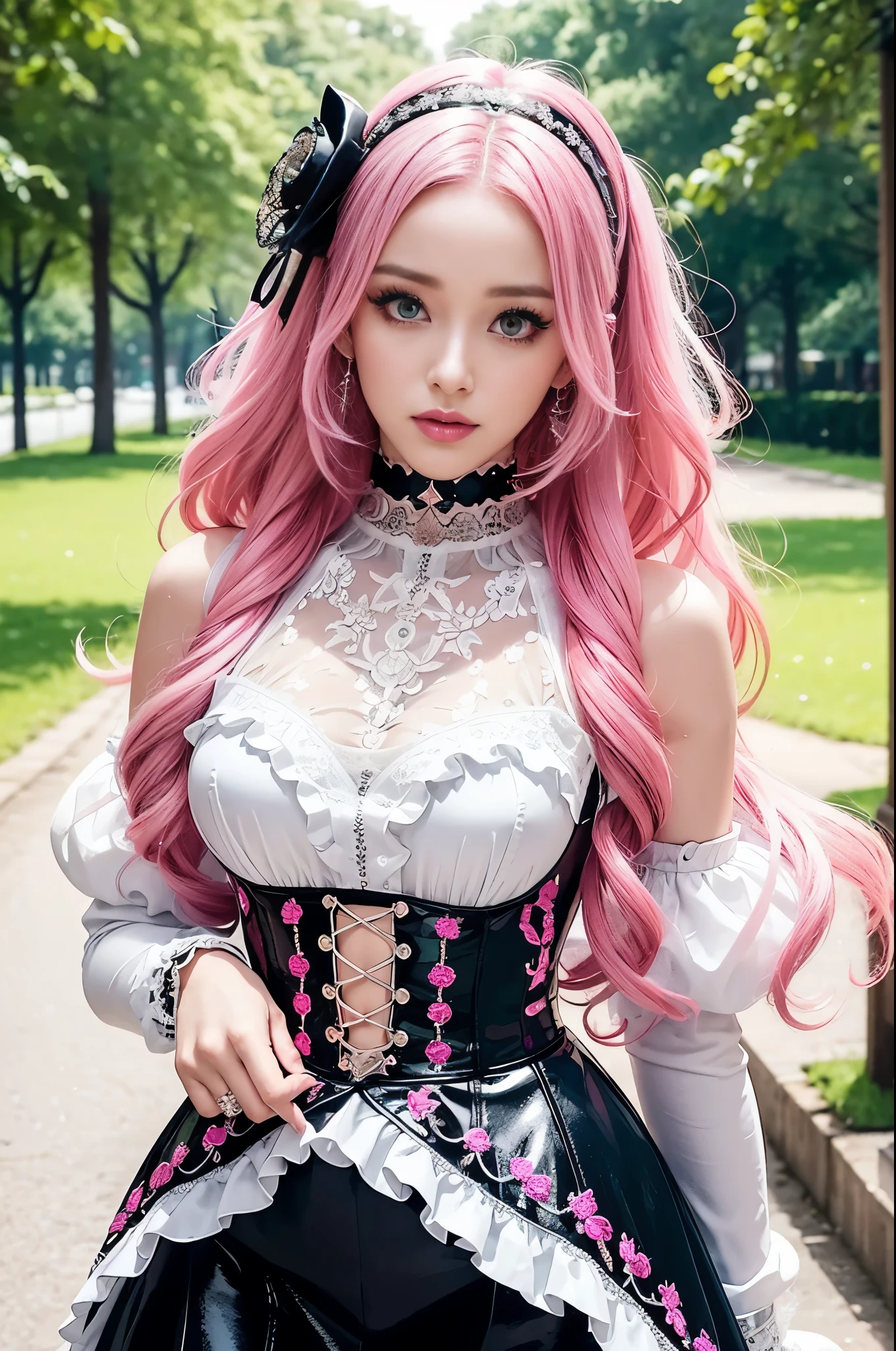 sexy stylish Swedish model, only 1 female, ((doll-like appearance)), long neon pink stylish hair, ((shiny Victorian-Style boots)), beautiful smile, ultra detailed eyes, vivid eye makeup, lipgloss, long lashes, defined eyebrows, ((sexy Paradise Kiss cosplay)), bell-shaped skirt, petticoats, high neckline, puffed sleeves, (( ultra detailed lace)), ((ultra detailed embroidery)), intricate details, Paradise Kiss accessoires and matching headpiece, choker, ((large sparkling Paradise Kiss jewelry)), cinematic light, detailed large park background with trees