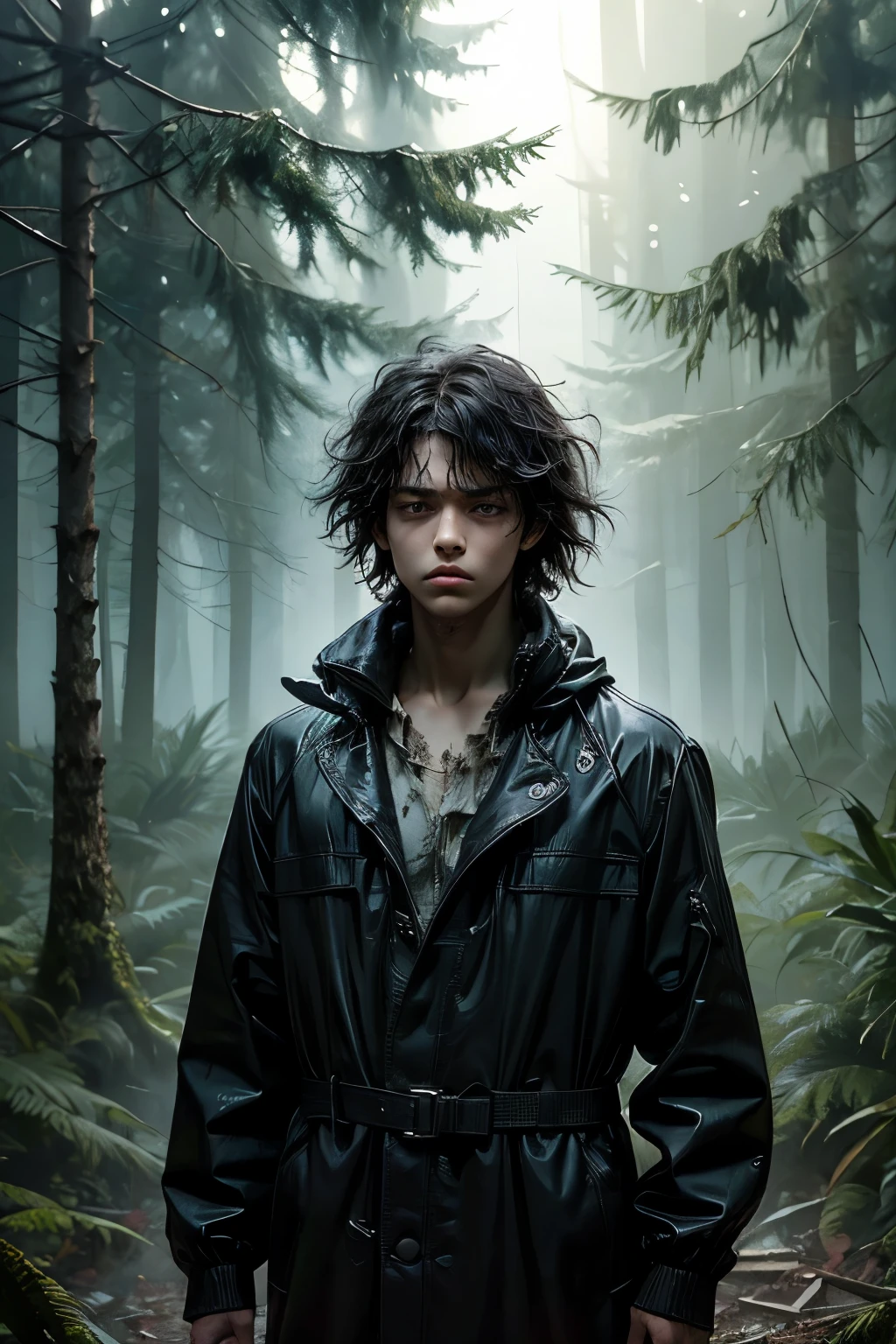 masterpiece, superfine illustration, best quality, 1boy, (8 years old), solo, cute, semi long black hair, (messy hair:1.3), rain coat, serious, emotionless, expressionless, mysterious, rainy forest