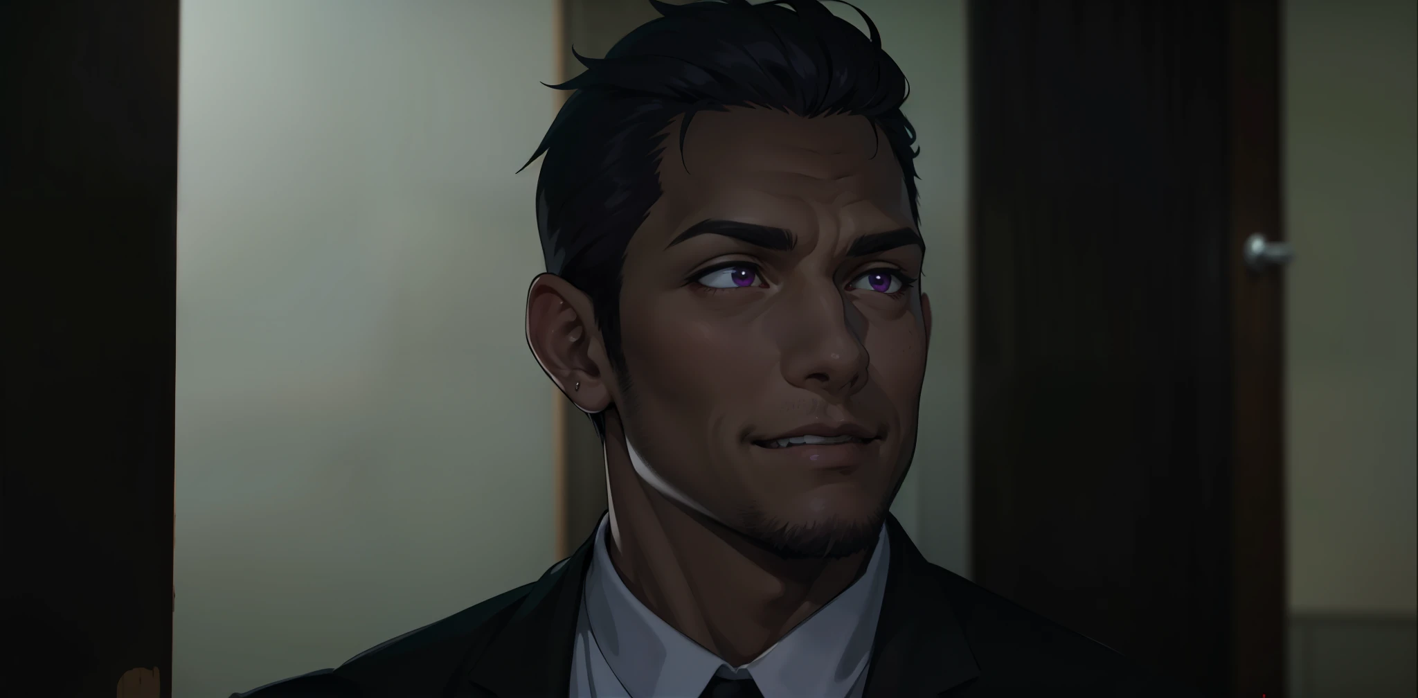 (estilo anime 2d plano)hombre malvado sonrrisa picara ironica malvada cabello morado ojos de color morado