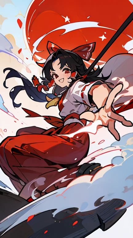 Reimu hakurei, version, cabelo castanho abaixo do ombro, hakama de sacerdotisa japonesa, Shinto shrine background, sorrindo, gohei on the left hand, design de capa de light novel, dynamic pose