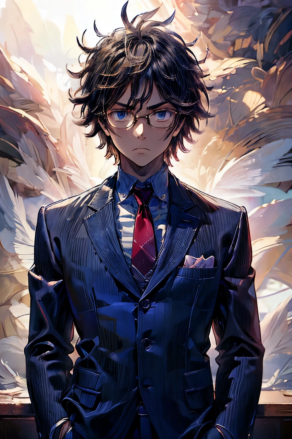 masterpiece, superfine illustration, best quality, 1boy, , solo, cute, black hair, (messy hair:1.3), glasses, navy blue blazer, red tie, slacks, serious, emotionless, expressionless, mysterious, classroom