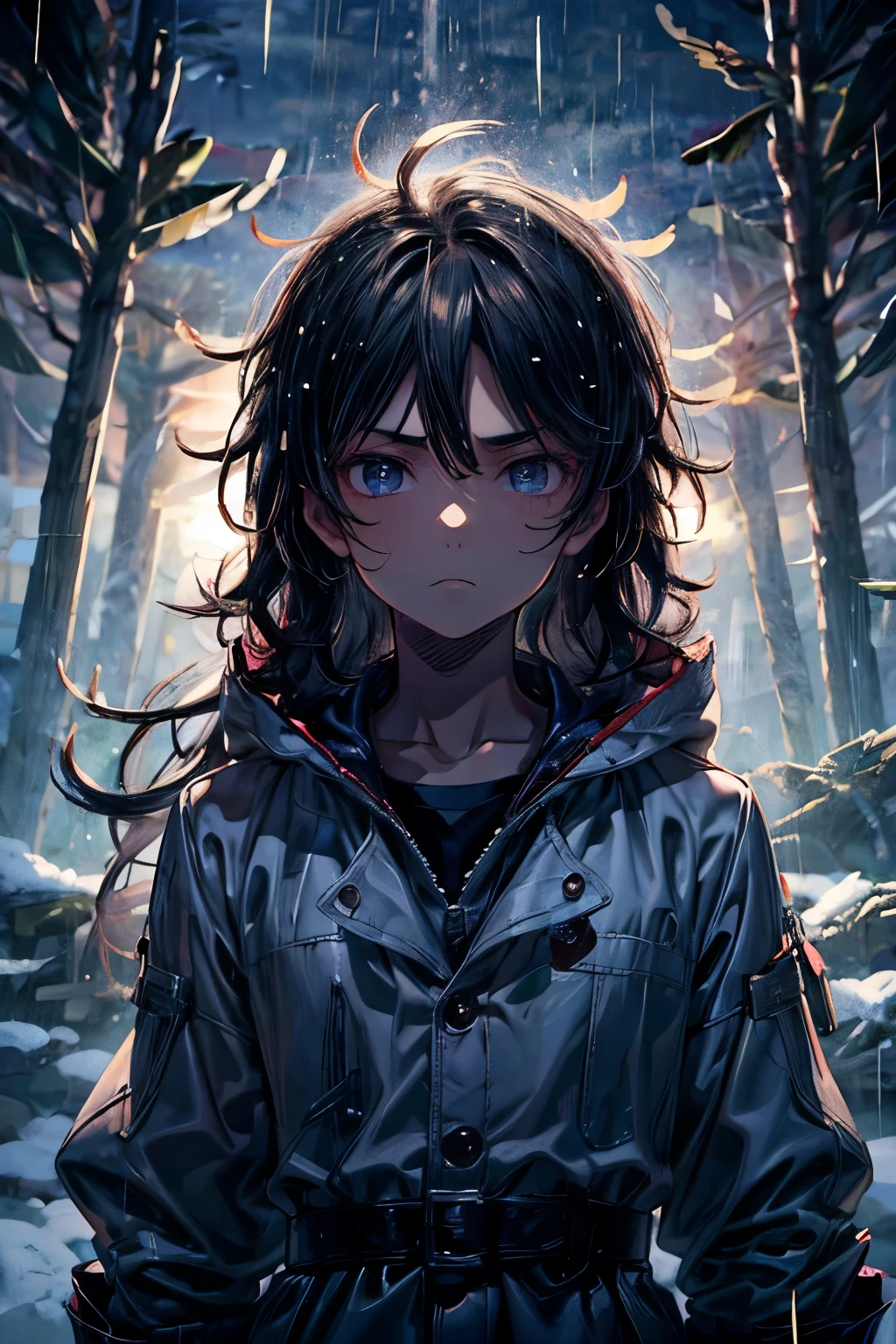 masterpiece, superfine illustration, best quality, 1boy, (8 years old), solo, cute, semi long black hair, (messy hair:1.3), rain coat, serious, emotionless, expressionless, mysterious, rainy forest