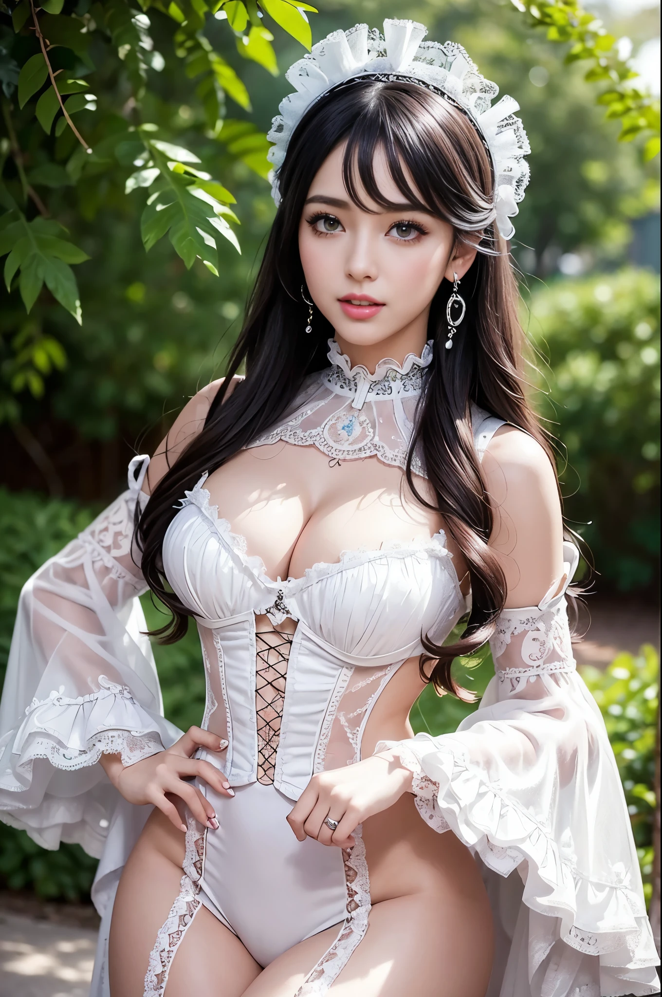 sexy stylish Spanish model, only 1 female, ((doll-like appearance)), ((ultra detailed Victorian-Style boots)), big smile, ultra detailed eyes, vivid eye makeup, lipgloss, long lashes, defined eyebrows, ((sexy Paradise Kiss cosplay)), bell-shaped skirt, petticoats, high neckline, puffed sleeves, ((ultra detailed lace)), ((ultra detailed embroidery)), intricate details, Paradise Kiss accessoires and matching headpiece, choker, ((large sparkling Paradise Kiss jewelry)), cinematic light, detailed large park background with trees 