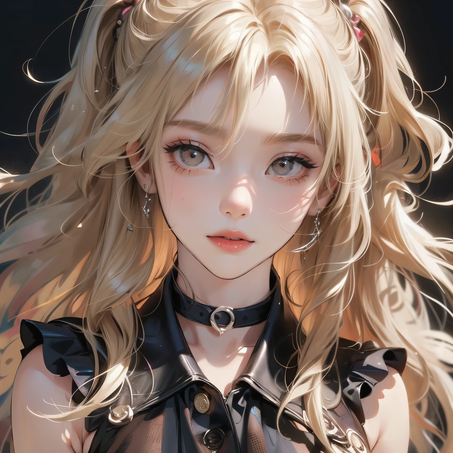portrait woman,Rainbow on background、Irridescent color、colourfull、top-quality、超A high resolution、(Photorealsitic:1.4)、Female 1 Person、Sleeveless white buttoned shirt、Black skirt、Black Choker、cute little、(Kpop Idle)、(attractiveness:1)、(Platinum Blonde Hair:1)、((Puffy eyes))、Look at the viewer、full body Esbian、Facing the front