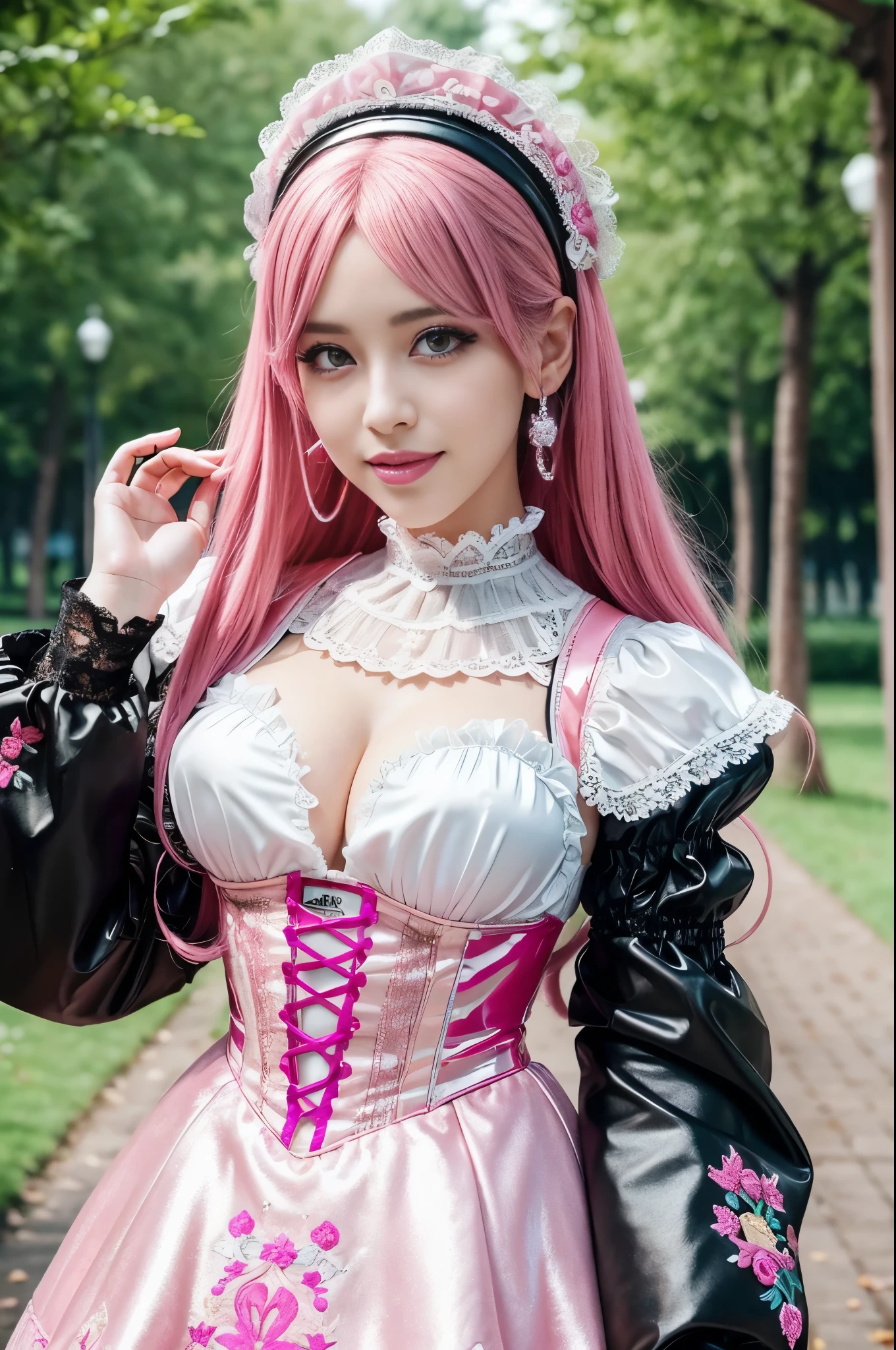sexy stylish Swedish model, only 1 female, ((doll-like appearance)), long neon pink stylish hair, ((shiny Victorian-Style boots)), big smile, ultra detailed eyes, vivid eye makeup, lipgloss, long lashes, defined eyebrows, ((sexy Paradise Kiss cosplay)), bell-shaped skirt, petticoats, high neckline, puffed sleeves, ((ultra detailed lace)), ((ultra detailed embroidery)), intricate details, Paradise Kiss accessoires and matching headpiece, choker, ((large sparkling Paradise Kiss jewelry)), cinematic light, detailed large park background with trees