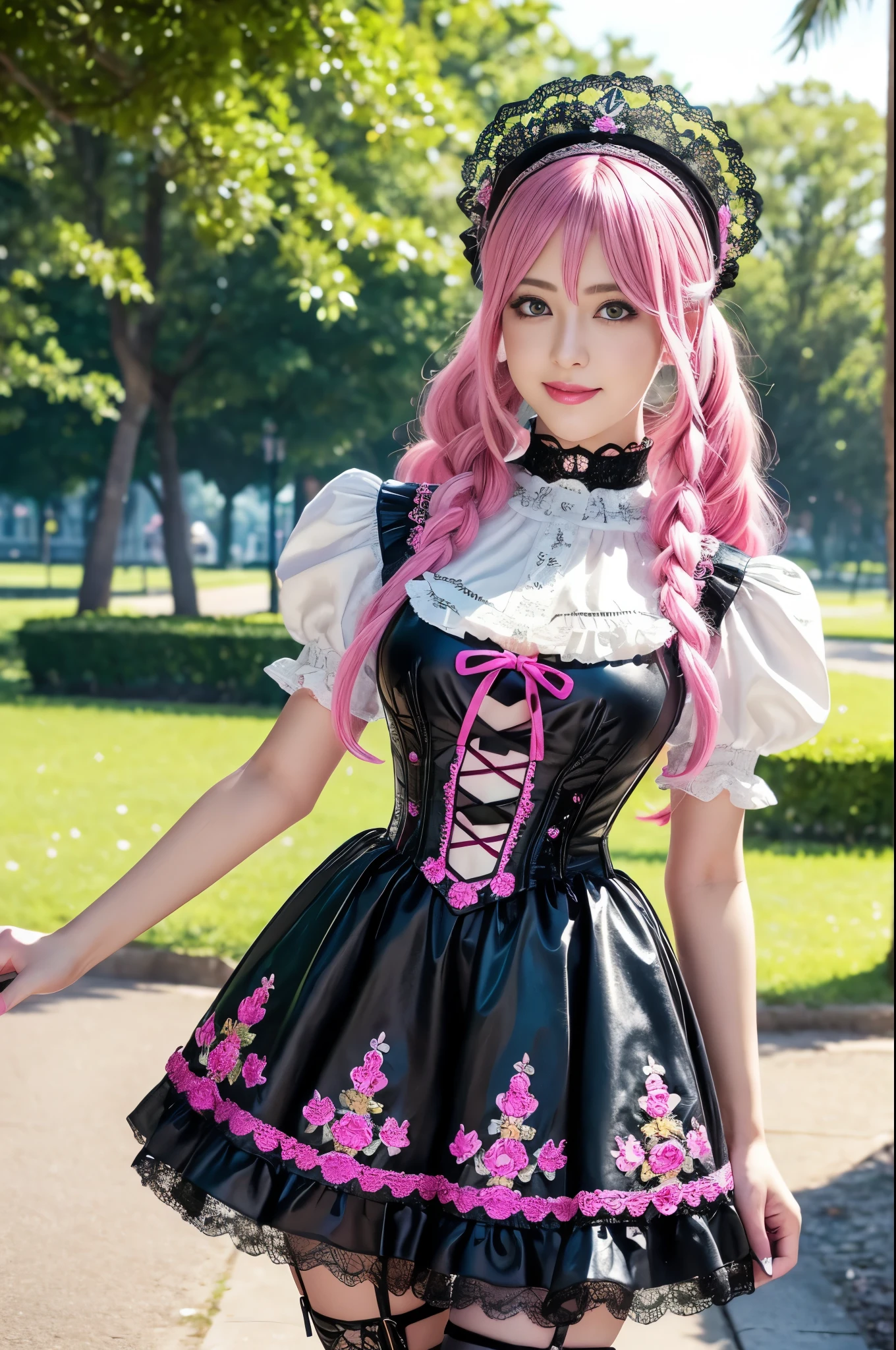 sexy stylish Swedish model, only 1 female, ((doll-like appearance)), long neon pink stylish hair, ((shiny Victorian-Style boots)), big smile, ultra detailed eyes, vivid eye makeup, lipgloss, long lashes, defined eyebrows, ((sexy Paradise Kiss cosplay)), bell-shaped skirt, petticoats, high neckline, puffed sleeves, ((ultra detailed lace)), ((ultra detailed embroidery)), intricate details, Paradise Kiss accessoires and matching headpiece, choker, ((large sparkling Paradise Kiss jewelry)), cinematic light, detailed large park background with trees