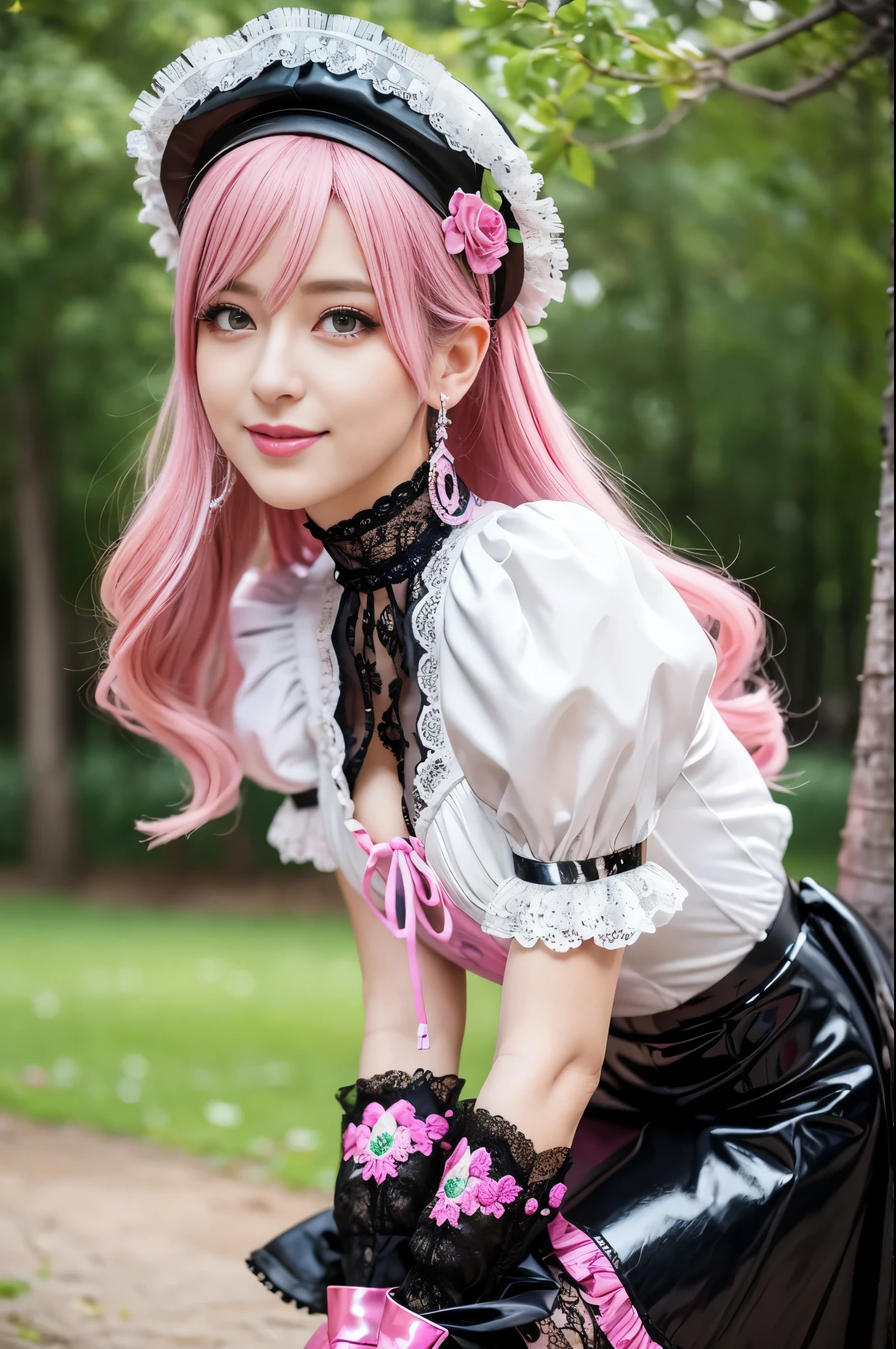 sexy stylish Swedish model, only 1 female, ((doll-like appearance)), long neon pink stylish hair, ((shiny Victorian-Style boots)), big smile, ultra detailed eyes, vivid eye makeup, lipgloss, long lashes, defined eyebrows, ((sexy Paradise Kiss cosplay)), bell-shaped skirt, petticoats, high neckline, puffed sleeves, ((ultra detailed lace)), ((ultra detailed embroidery)), intricate details, Paradise Kiss accessoires and matching headpiece, choker, ((large sparkling Paradise Kiss jewelry)), cinematic light, detailed large park background with trees