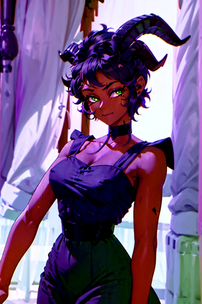 (Masterpiece) (High Detail) (High Res) (Black Skin) (Anime) (Full body picture) A beautiful young adult, black humanoid FutEred, dark skin, soft detailed face, detailed green eyes, short scruffy black hair, goat ears, short symmetrical black goat horns, looking smug at the camera, toned body, small breasts, Wearing a vibrant 1950s dress