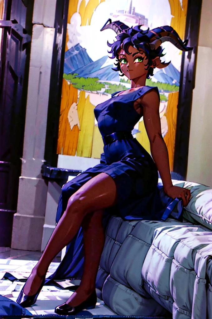 (Masterpiece) (High Detail) (High Res) (Black Skin) (Anime) (Full body picture) A beautiful young adult, black humanoid FutEred, dark skin, soft detailed face, detailed green eyes, short scruffy black hair, goat ears, short symmetrical black goat horns, looking smug at the camera, toned body, small breasts, Wearing a vibrant 1950s dress