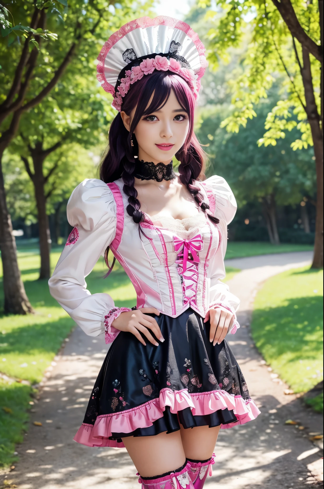 sexy stylish Swedish model, only 1 female, ((doll-like appearance)), long neon pink stylish hair, ((shiny Victorian-Style boots)), big smile, ultra detailed eyes, vivid eye makeup, lipgloss, long lashes, defined eyebrows, ((sexy Paradise Kiss cosplay)), bell-shaped skirt, petticoats, high neckline, puffed sleeves, ((ultra detailed lace)), ((ultra detailed embroidery)), intricate details, Paradise Kiss accessoires and matching headpiece, choker, ((large sparkling Paradise Kiss jewelry)), cinematic light, detailed large park background with trees 