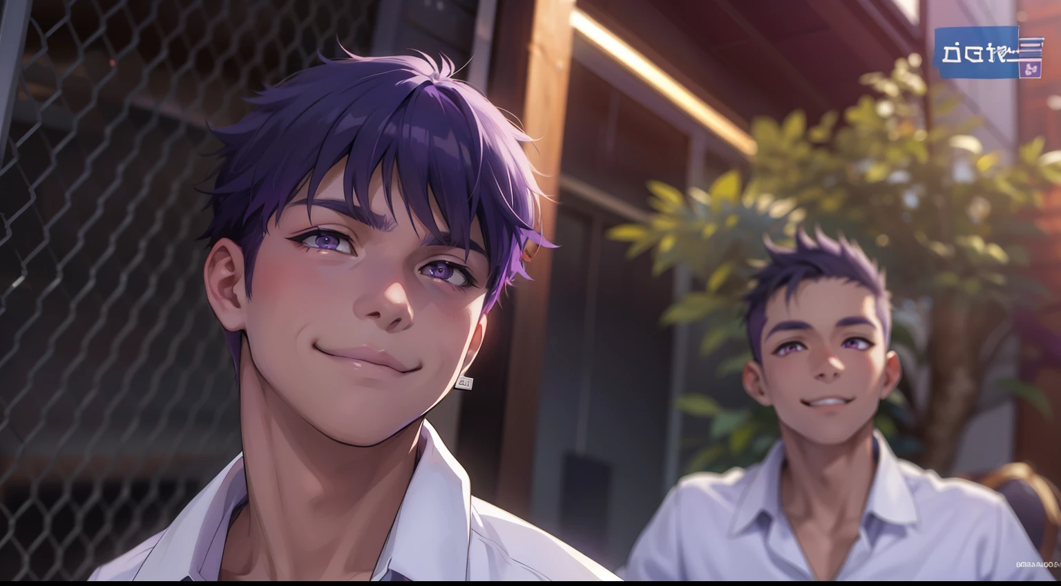 (estilo anime 2d plano)cute 16 year old boy smile mischievous ironic bad hateful purple eyes purple hair