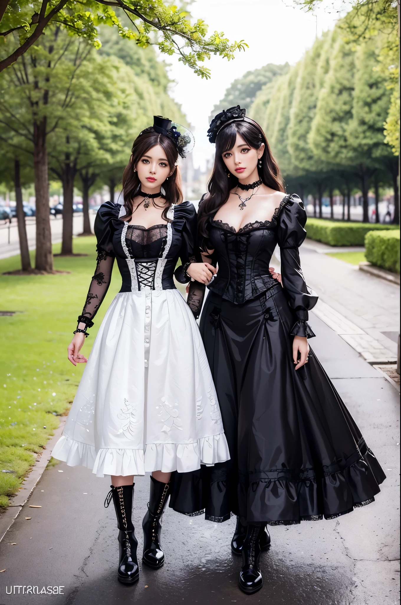 sexy stylish Spanish model, only 1 female, ((doll-like appearance)), ((ultra detailed Victorian-Style boots)), vivid smile, ultra detailed eyes, vivid eye makeup, lipgloss, long lashes, defined eyebrows, ((sexy Paradise Kiss cosplay)), bell-shaped skirt, petticoats, high neckline, puffed sleeves, ((ultra detailed lace)), ((ultra detailed embroidery)), intricate details, Paradise Kiss accessoires and matching headpiece, choker, ((large sparkling Paradise Kiss jewelry)), cinematic light, detailed large park background with trees