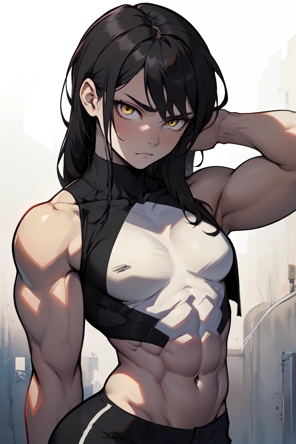girl muscles small breasts pale skin black hair yellow eyes sad