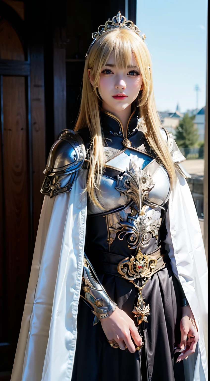 armor,Long Hair, Blonde, breastplate, Cape,shoulder armor,tiara,Braiding,Paul Don&#39;s,skirt,Yellow Eyes,