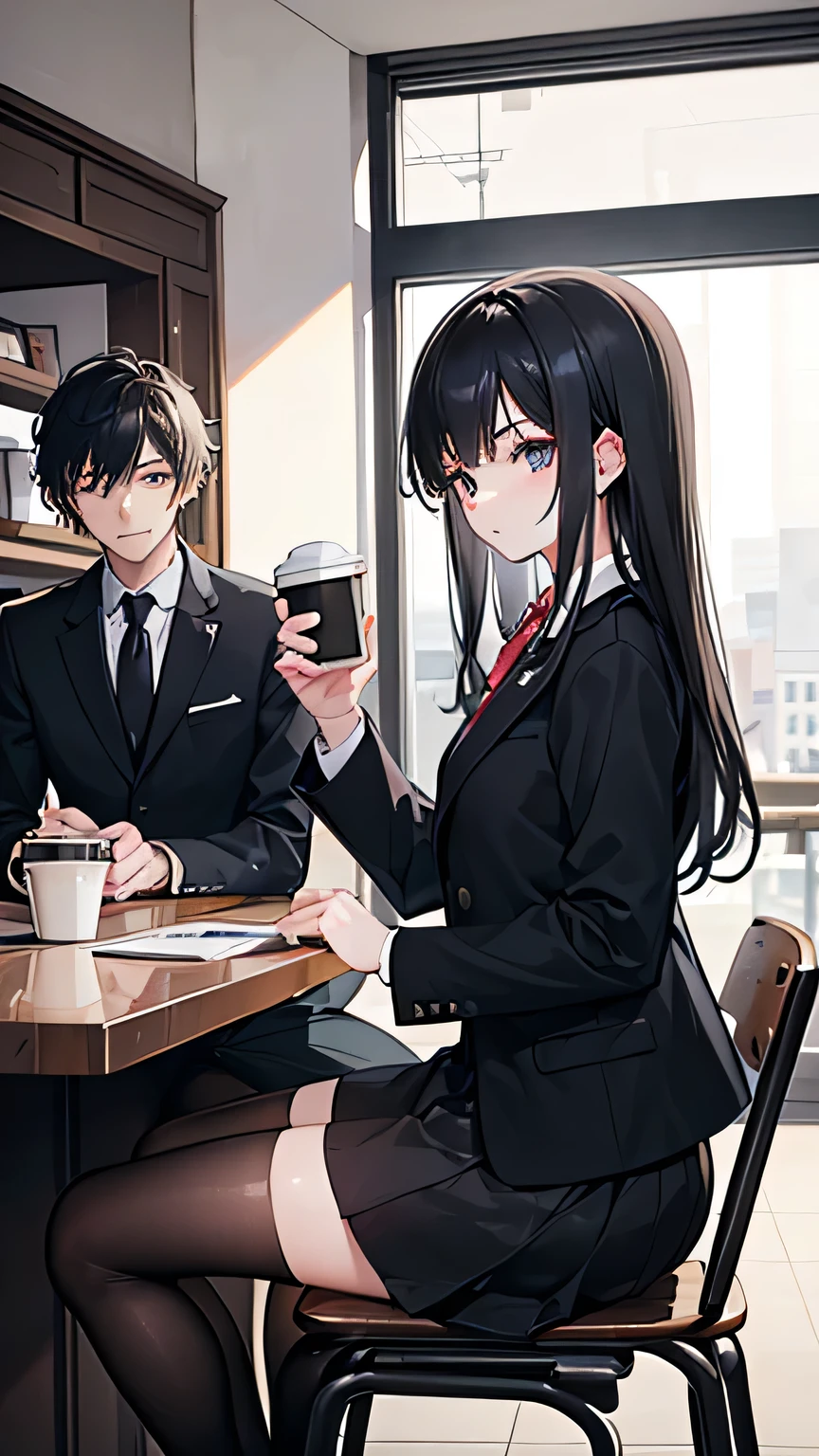 Inside a coffee shop, (（28-year-old man: 1 person)）, (man has short black hair), (man in suit), (（18-year-old high school girl: 1 person）), (woman has long black hair), (high school girl in uniform), counter seats, two people sitting facing each other, two coffee cups between them,