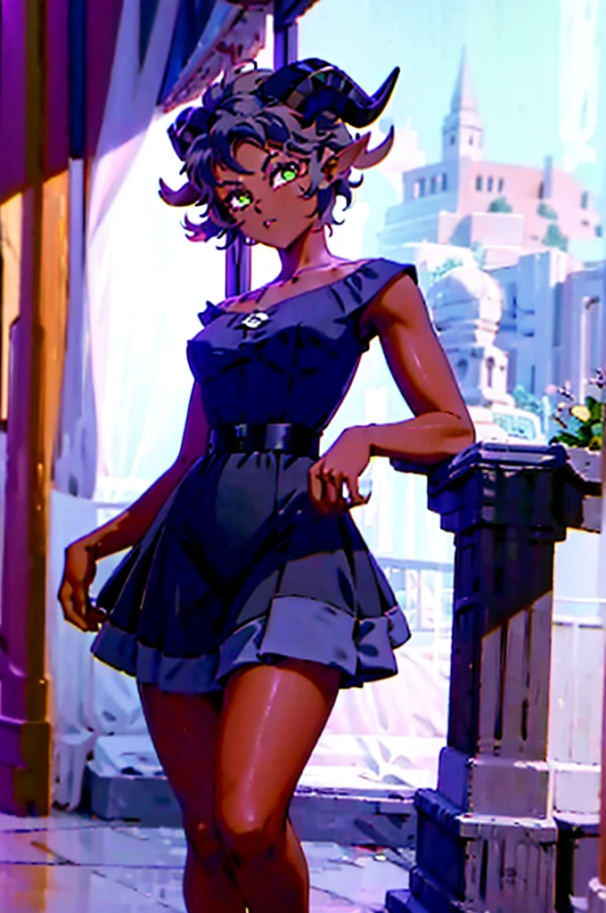 (Masterpiece) (High Detail) (High Res) (Black Skin) (Anime) (Full body picture) A beautiful young adult, black humanoid FutEred, dark skin, soft detailed face, detailed green eyes, short scruffy black hair, goat ears, short symmetrical black goat horns, looking smug at the camera, toned body, small breasts, Wearing a vibrant red 1950s dress