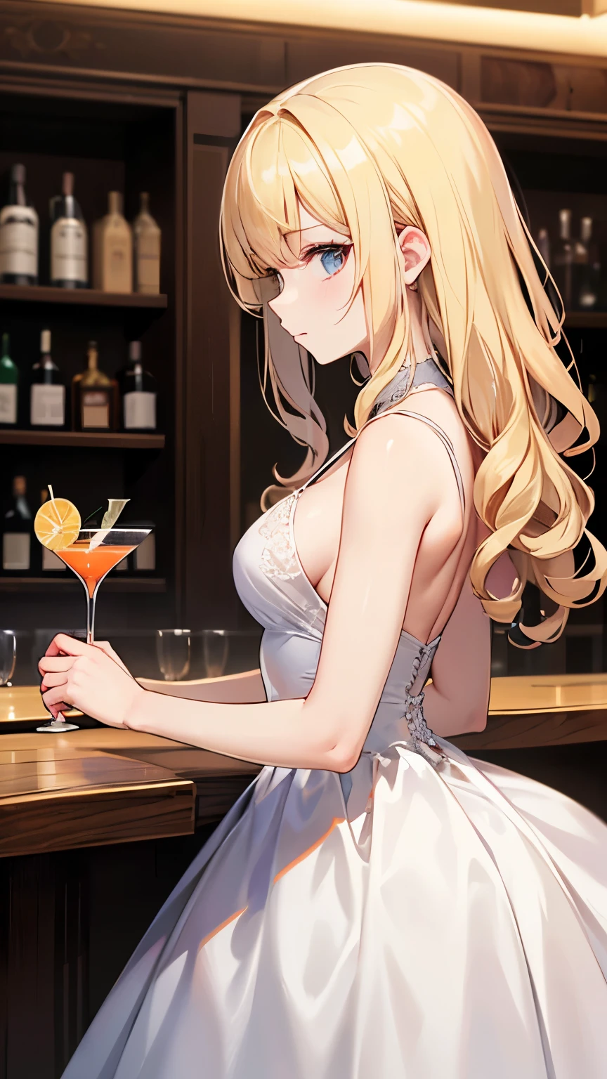 blonde hair, curly hair, sidelocks, big hair, modern, motion lines, viewfinder, from side, UHD, (masterpiece, textured skin), ((super detail)), best quality, Have a cocktail glass handy at an authentic bar with a calm atmosphere. Woman drinking martini, luxurious ball gown, ((1 cocktail glass)), at bar counter