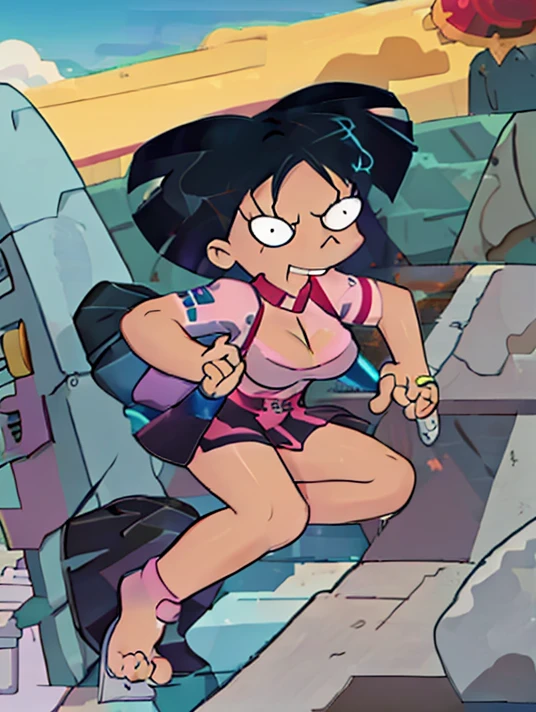 Amy Wong playing Mega Electric Guitar riding Skateboard on Graveyard at Desert, Angry and Mad, Happy and Smile, Bigger Extra Breasts, Show Style