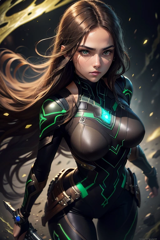 A beautiful brown-haired, green-eyed 15-year-old female assassin, intricate detailed face and eyes, long lashes, flawless skin, mysterious expression, sleek black bodysuit, cosmic energy swirling around, dark shadowy background, cinematic lighting, highly detailed, photorealistic, digital art, masterpiece