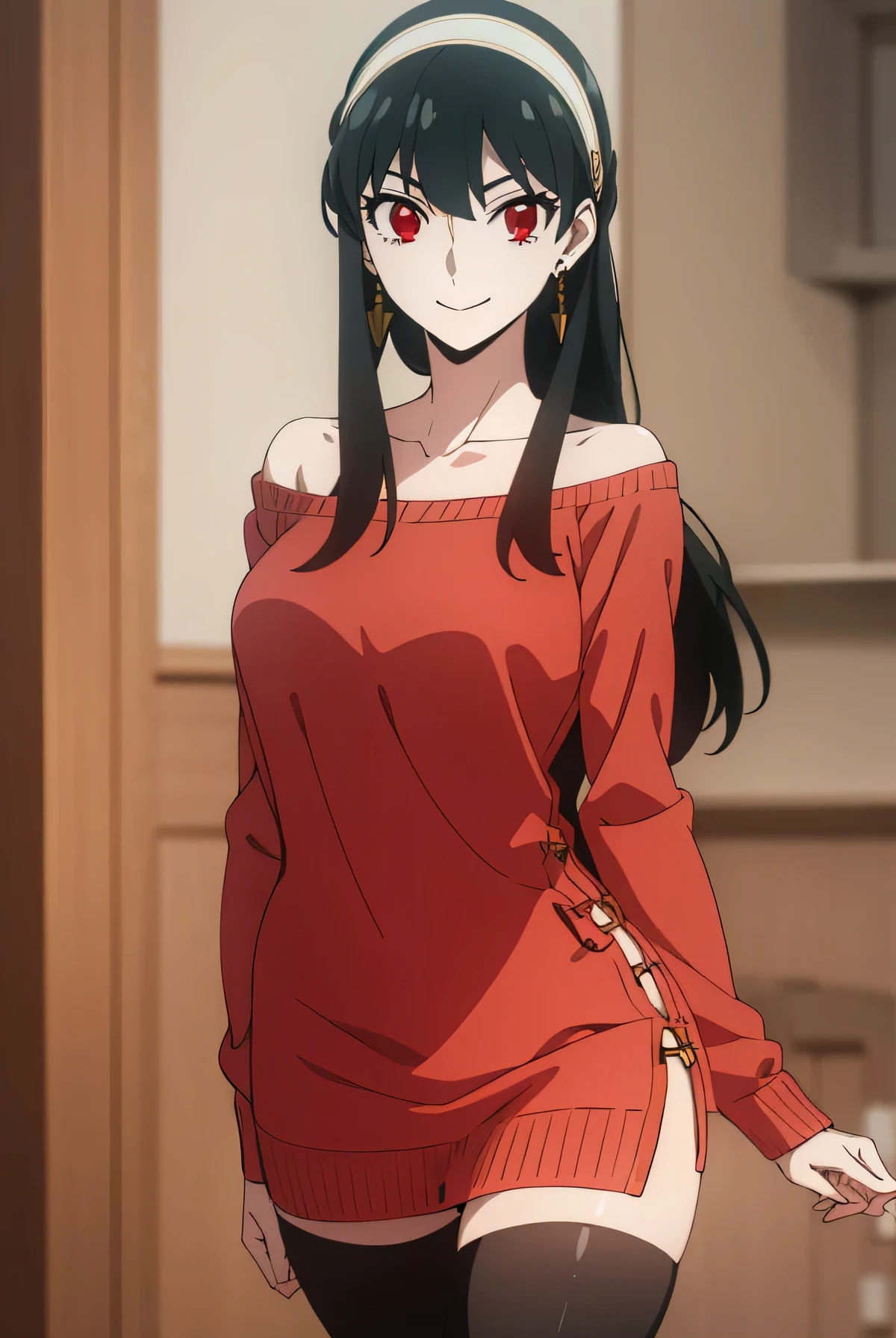 Yor briar, Your forger, Black Hair, (Red eyes:1.5), Earrings, gold hair band, hair band, Long Hair, Side Lock, (Medium chest:1.2), smile,
break bare shoulders, clavicle, dress, Long sleeve, Off the shoulder, off-shoulder dress, off-shoulder sweater, pantyhose, red sweater, sweater, sweater dress, Thighs,white lace panties,kneeling,
break indoors,
break looking at viewer, (Cowboy Shot:1.5),
, break masterpiece ,8k unity wallpaper,anime key visual,highest quality, High resolution, unity 8k wallpaper, (shape:0.8),anime coloring,highly detailed face, detailed eyes,growing eyes,shiny skin,fine skin,white skin,dense skin,detailed hair,highly detailed legs,perfect lighting, Detailed CG, (perfect hands, perfect anatomy),High resolution,(Detailed wear ),slender limbs, delicate curves, dainty hands,figure:0.8,