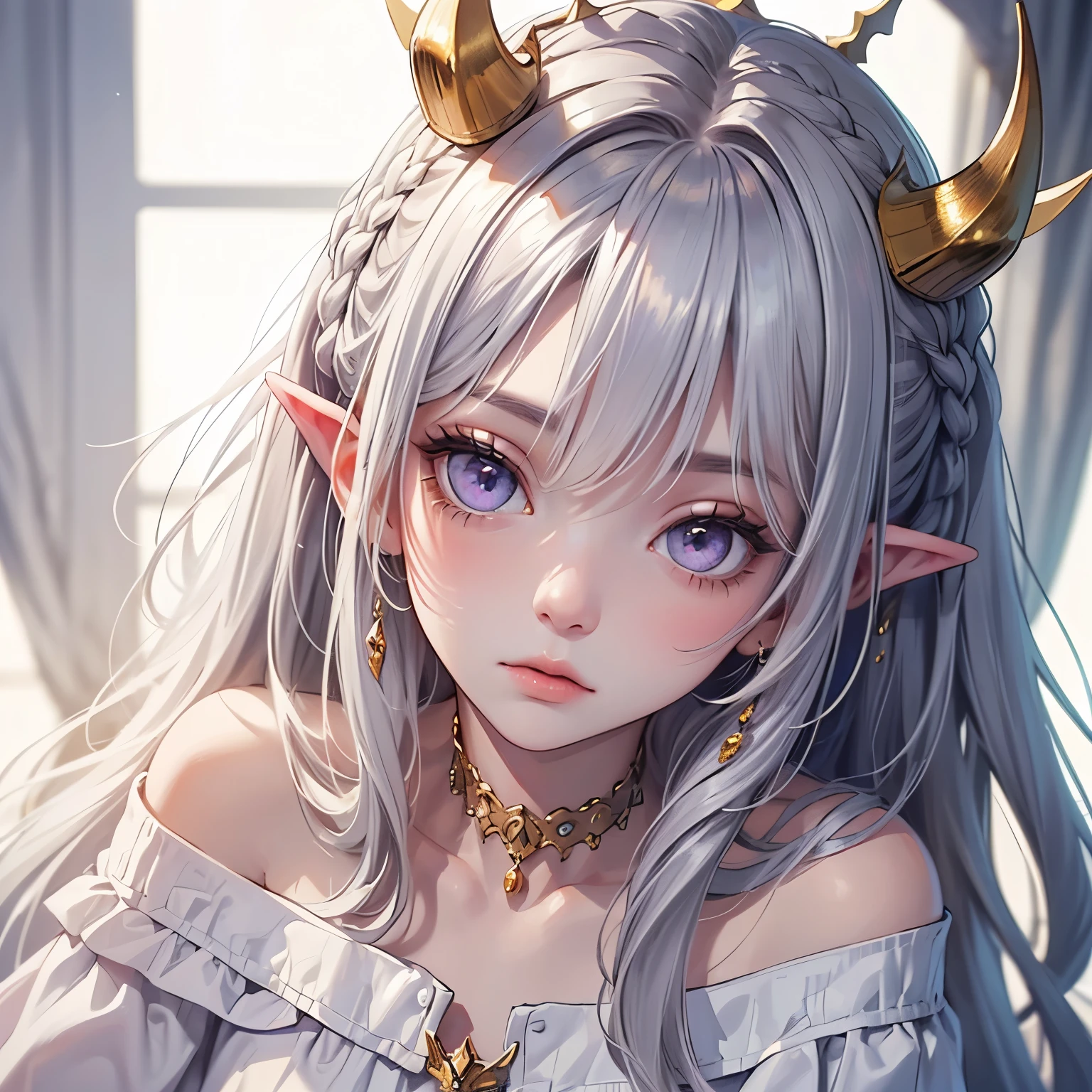 portrait,Best quality, highly detailed, masterpiece, ultra detailed, (reality: 1.2), 1 girl, (white background), simple background, delicate eyes, silver hair, purple eyes, hair_ornament, (white off-the-shoulder shirt: 1.3), long hair, pointy_ears, crown_braid, expressionless, straight hair, (++ sitting: 1.2), room,