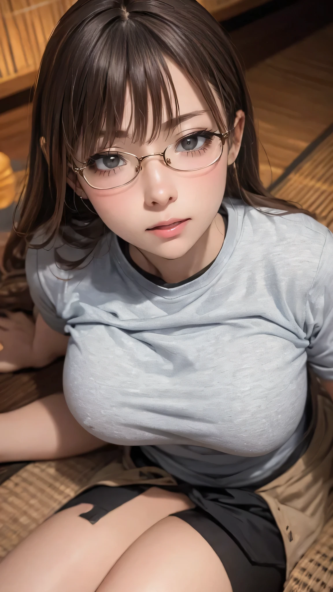 from above,overhead shot,onsen,(lying),(on back),baggy t-shirt,swimsuit,(random Lively pose),(Thin type),(large breasts),(random hairstyle),(Highest image quality, (8K), Ultra-realistic, Best Quality, High quality, High Definition, high quality texture, high detailing, Beautiful detailed, fine detailed, extremely details CG, Detailed texture, realistic representation of face, masterpiece, presence),(wearing glasses:1.5)