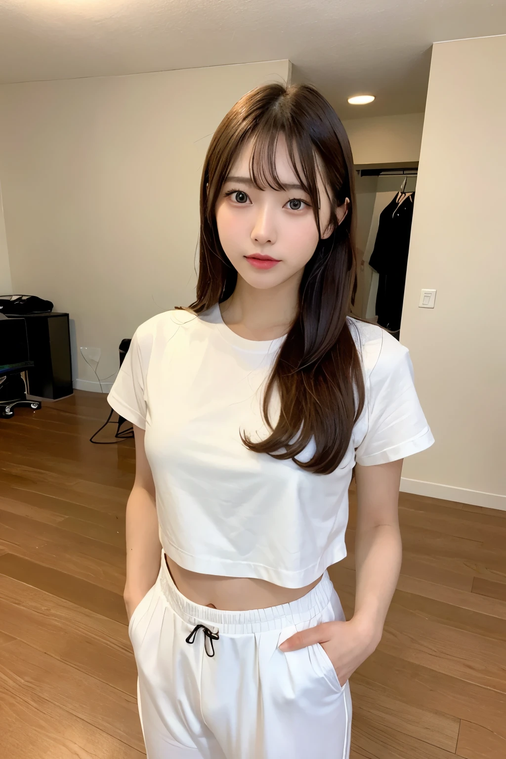 Japanese Beauty、Brown Hair、Changing clothes、Pants half removed、White panties、T-Shirts、In the middle of taking off your pants、indoor、Flooring