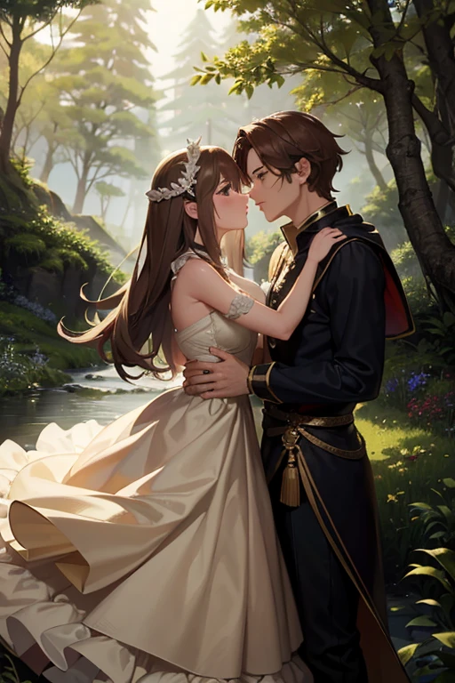 8K, highest quality, masterpiece, Ultra-high resolution, in the forest, ((One male)), Warrior, Embrace, (Deep Kiss), Cinematic, Fantasy, Fairytale princess, Light brown hair, Mid-length hair, Beautiful ruffled dress