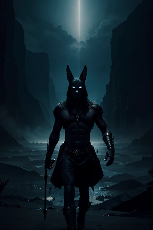 An illustration of Anubis, el dios de la muerte, guiding souls through the underworld, with a mystical and dark landscape.