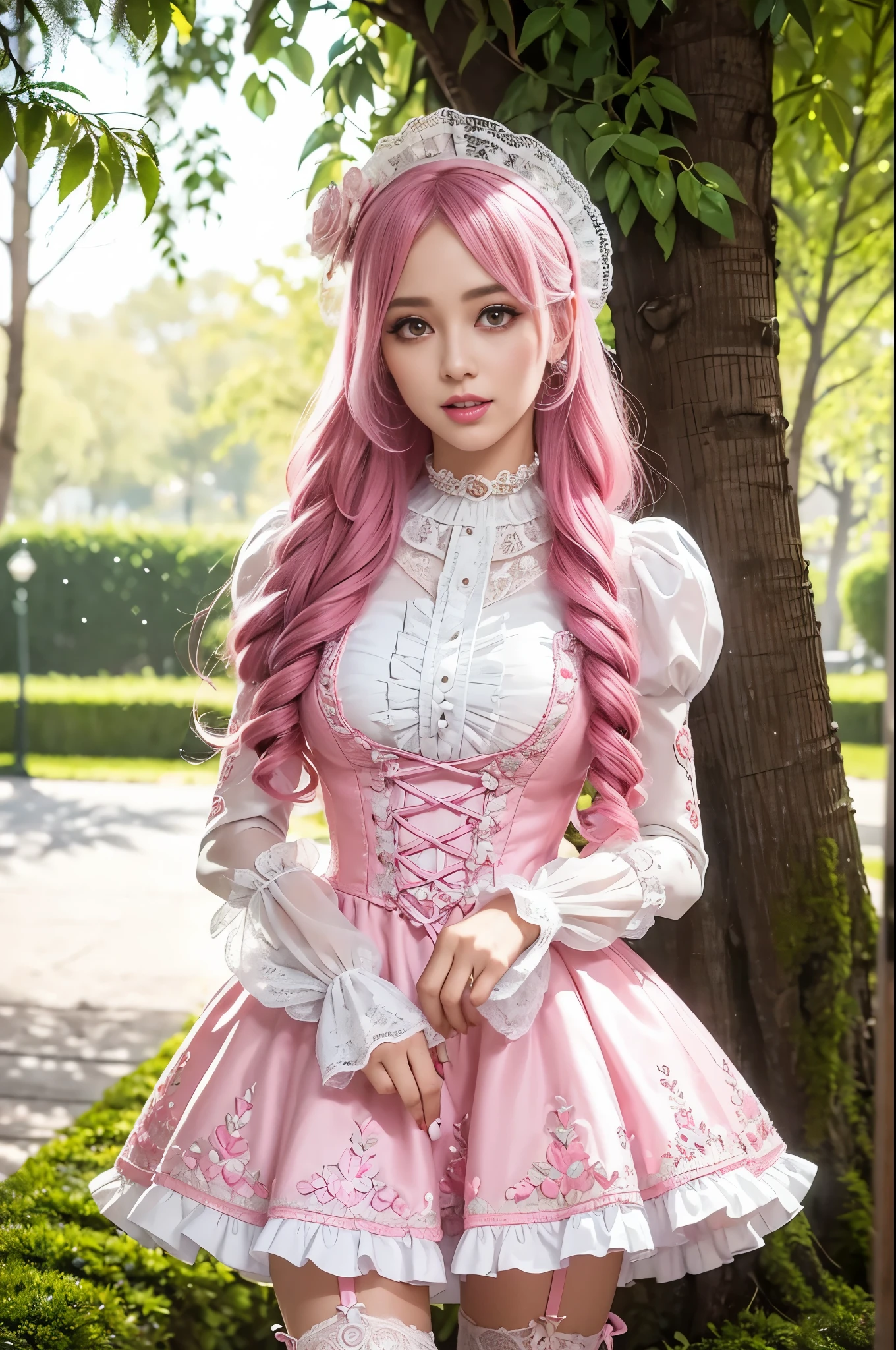 sexy stylish Swedish model, only 1 female, ((doll-like appearance)), long neon pink stylish hair, ((ultra detailed Victorian-Style boots)), happy smile, ultra detailed eyes, vivid eye makeup, lipgloss, long lashes, defined eyebrows, ((sexy Paradise Kiss cosplay)), bell-shaped skirt, petticoats, high neckline, puffed sleeves, (( ultra detailed lace)), ((ultra detailed embroidery)), intricate details, Paradise Kiss accessoires and matching headpiece, choker, ((large sparkling Paradise Kiss jewelry)), cinematic light, detailed large park background with trees
