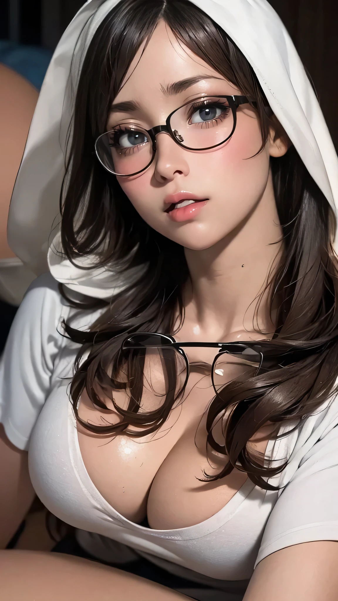 from above,overhead shot,(lying),(on back),baggy t-shirt,swimsuit,(random porn pose),(wearing glasses:1.5),(Thin type:1.8),(large breasts),(random hairstyle),(Highest image quality, (8K), Ultra-realistic, Best Quality, High quality, High Definition, high quality texture, high detailing, Beautiful detailed, fine detailed, extremely details CG, Detailed texture, realistic representation of face, masterpiece, presence)