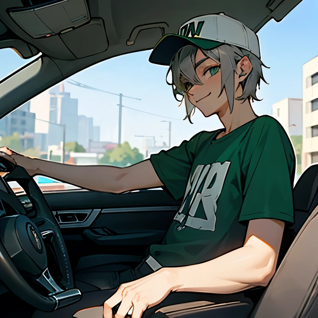 (Solo Boy 20 years old), (Silver short hair), Green Eyes, graphic t-shirt, smile, From the side, (Driving a car:1.2)，Trucker Hat，sunglasses