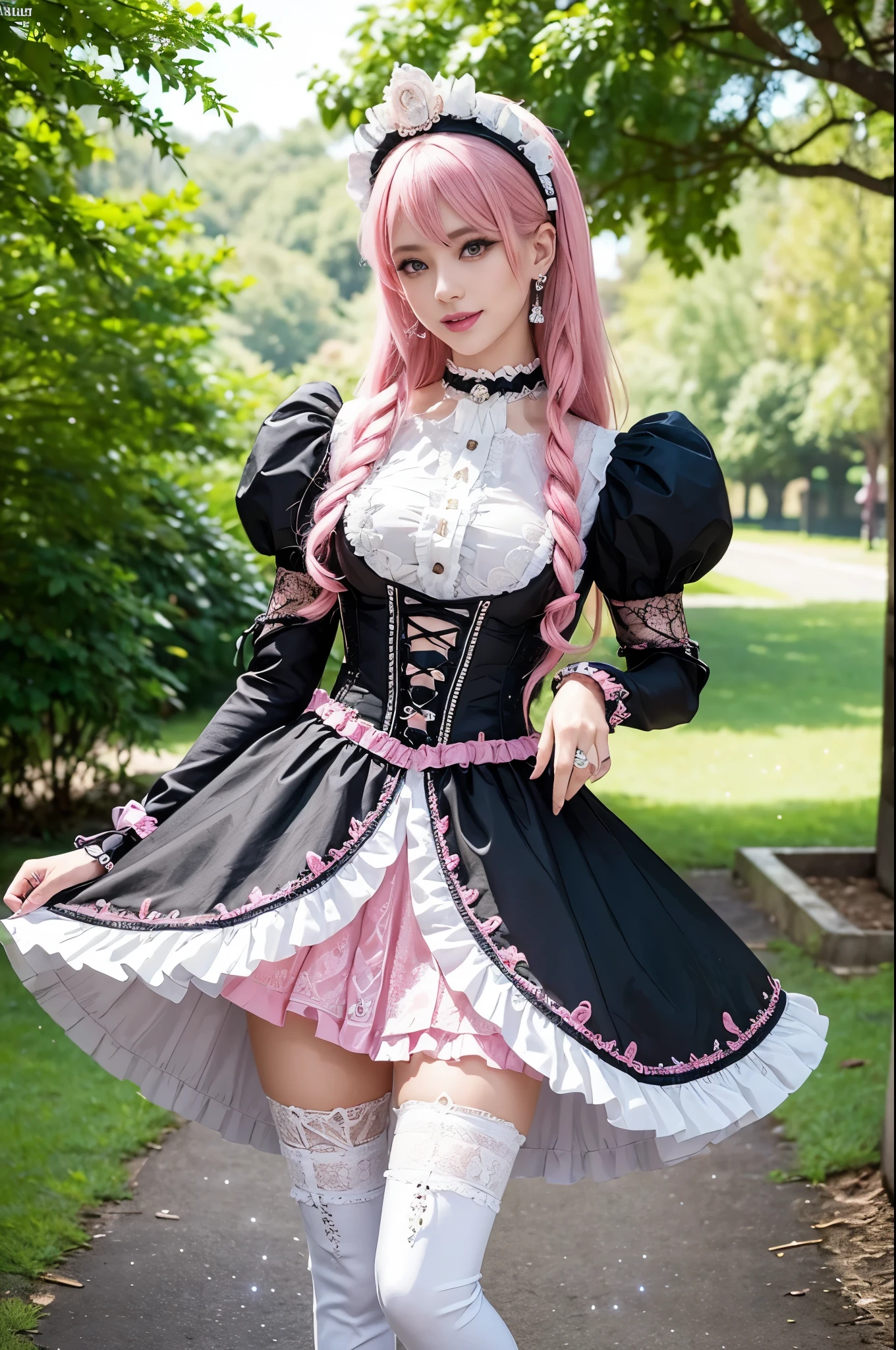 sexy stylish Swedish model, only 1 female, ((doll-like appearance)), long neon pink stylish hair, ((ultra detailed Victorian-Style boots)), (big smile), ultra detailed eyes, lipgloss, long lashes, defined eyebrows, ((sexy Paradise Kiss cosplay)), bell-shaped skirt, petticoats, high neckline, puffed sleeves, (( ultra detailed lace)), ((ultra detailed embroidery)), intricate details, Paradise Kiss accessoires and matching headpiece, choker, ((large sparkling Paradise Kiss jewelry)), cinematic light, detailed large park background with trees