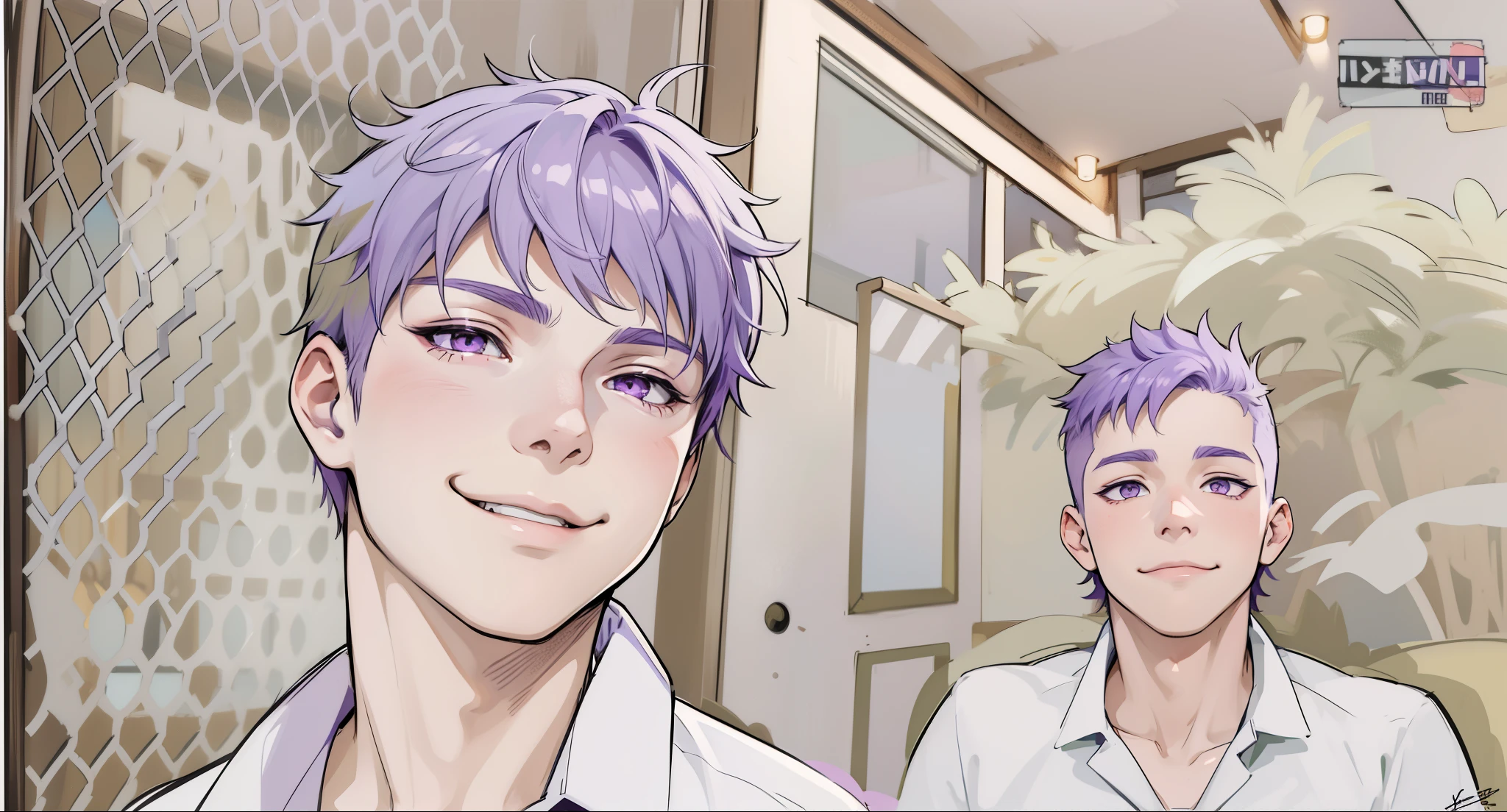 (estilo anime 2d plano)cute 16 year old boy smile mischievous ironic bad hateful purple eyes purple hair