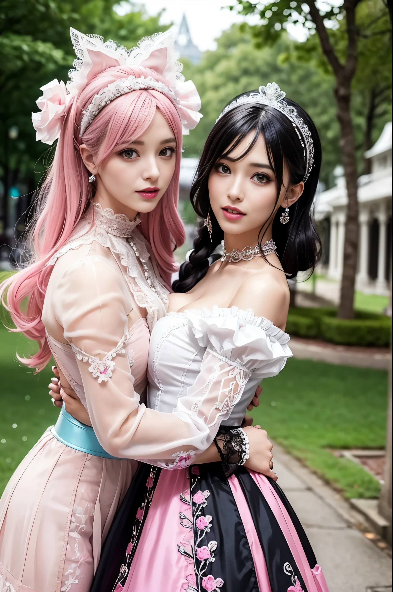 sexy stylish Swedish model, only 1 female, ((doll-like appearance)), long neon pink stylish hair, ((ultra detailed Victorian-Style boots)), (big smile), ultra detailed eyes, lipgloss, long lashes, defined eyebrows, ((sexy Paradise Kiss cosplay)), bell-shaped skirt, petticoats, high neckline, puffed sleeves, (( ultra detailed lace)), ((ultra detailed embroidery)), intricate details, Paradise Kiss accessoires and matching headpiece, choker, ((large sparkling Paradise Kiss jewelry)), cinematic light, detailed large park background with trees