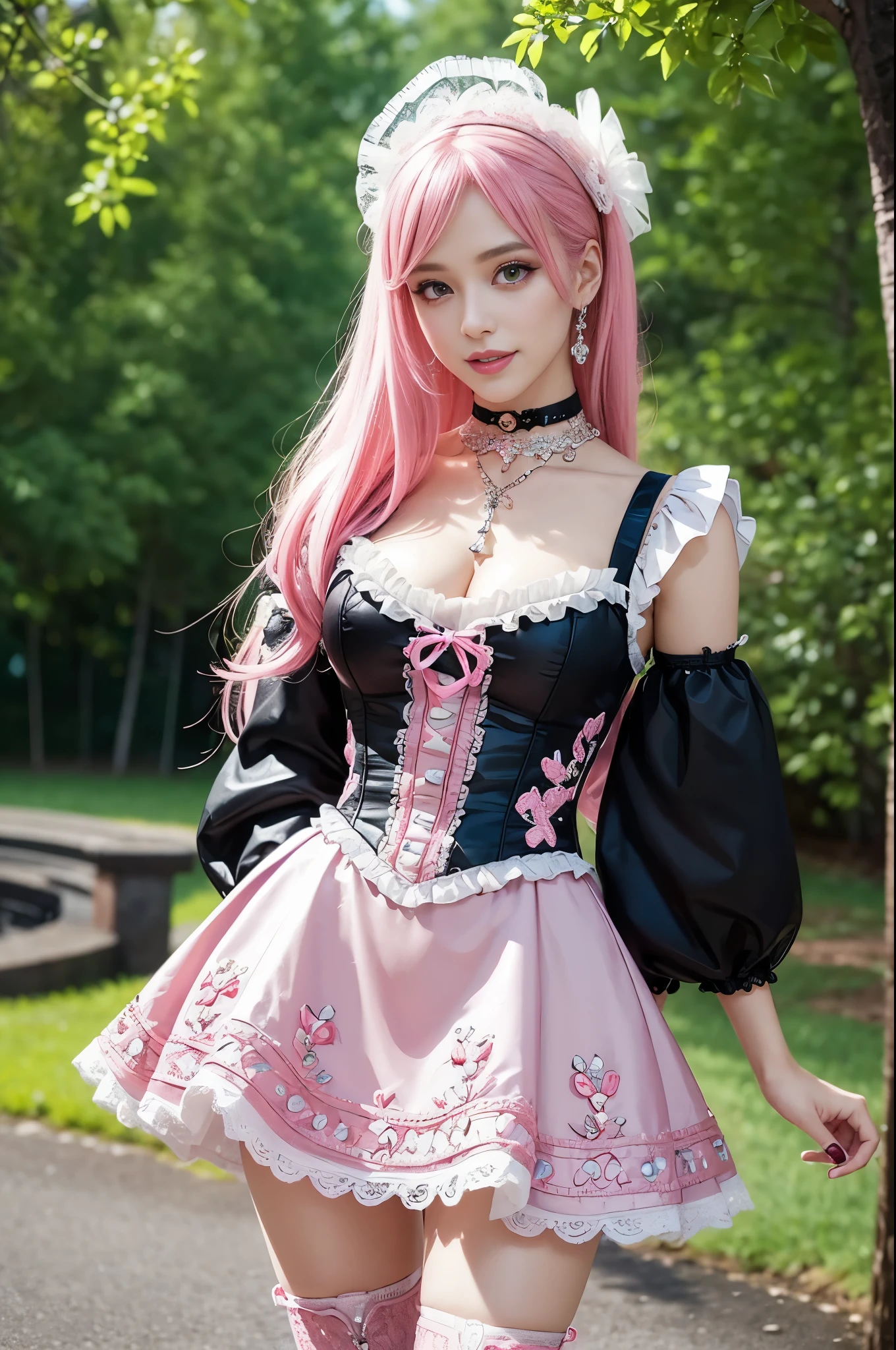 sexy stylish Swedish model, only 1 female, ((doll-like appearance)), long neon pink stylish hair, ((ultra detailed Victorian-Style boots)), (big smile), ultra detailed eyes, lipgloss, long lashes, defined eyebrows, ((sexy Paradise Kiss cosplay)), bell-shaped skirt, petticoats, high neckline, puffed sleeves, (( ultra detailed lace)), ((ultra detailed embroidery)), intricate details, Paradise Kiss accessoires and matching headpiece, choker, ((large sparkling Paradise Kiss jewelry)), cinematic light, detailed large park background with trees 