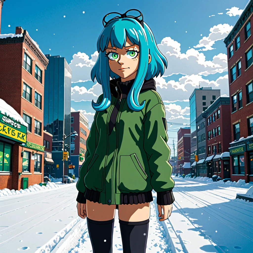 best quality,ultra high res,1girl,solo,full body,snow,city,, blue hair,green eyes,jk, titfuck futurama