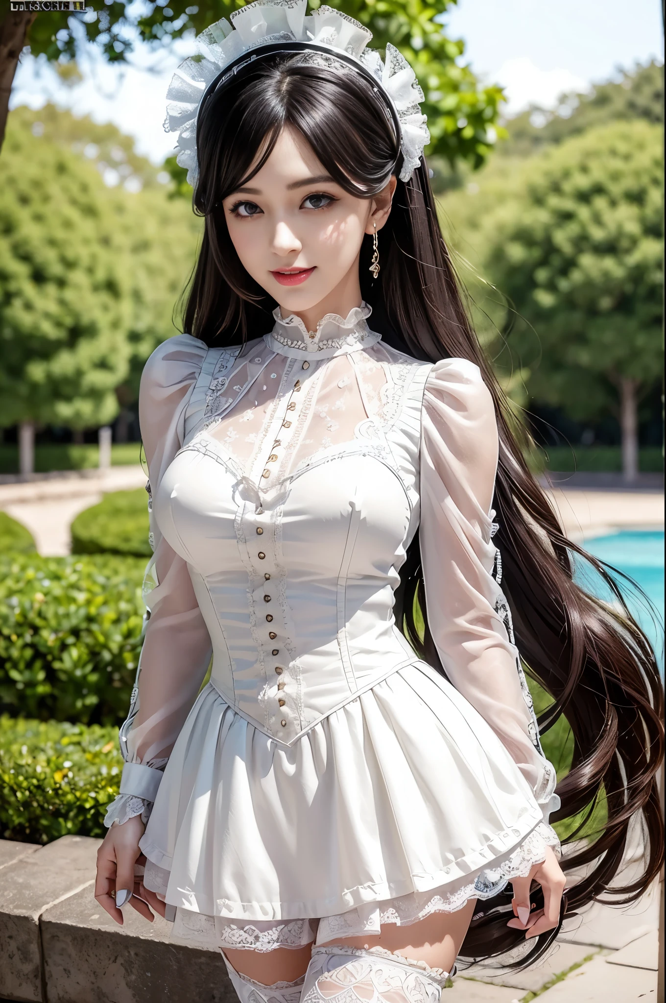 sexy stylish female model, only 1 female, ((doll-like appearance)), ((ultra detailed Victorian-Style boots)), (big smile), ultra detailed eyes, lipgloss, long lashes, defined eyebrows, ((sexy Paradise Kiss cosplay)), bell-shaped skirt, petticoats, high neckline, puffed sleeves, (( ultra detailed lace)), ((ultra detailed embroidery)), intricate details, Paradise Kiss accessoires and matching headpiece, choker, ((large sparkling Paradise Kiss jewelry)), cinematic light, detailed large park background with trees