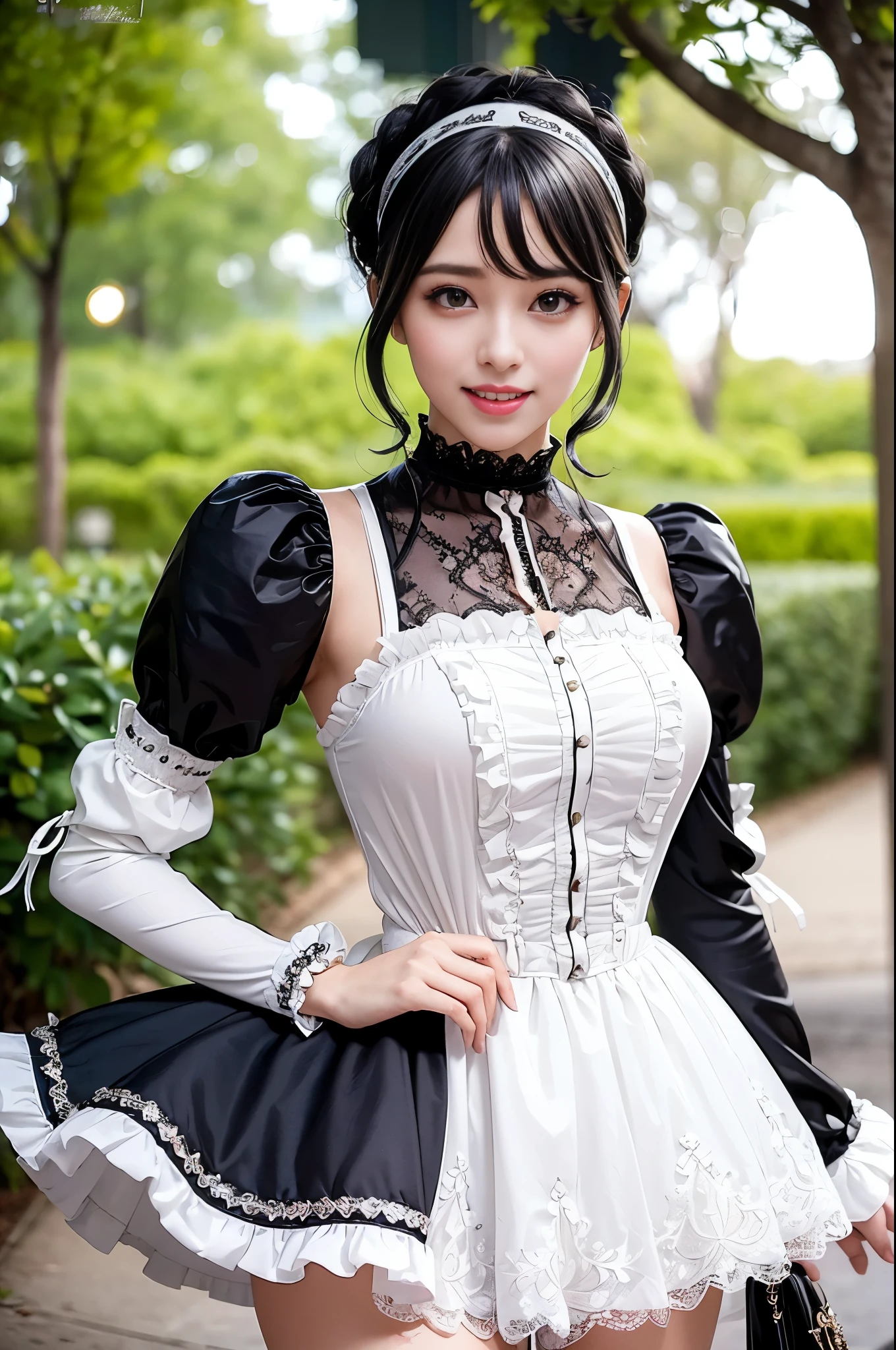 sexy stylish female model, only 1 female, ((doll-like appearance)), ((ultra detailed Victorian-Style boots)), (big smile), ultra detailed eyes, lipgloss, long lashes, defined eyebrows, ((sexy Paradise Kiss cosplay)), bell-shaped skirt, petticoats, high neckline, puffed sleeves, (( ultra detailed lace)), ((ultra detailed embroidery)), intricate details, Paradise Kiss accessoires and matching headpiece, choker, ((large sparkling Paradise Kiss jewelry)), cinematic light, detailed large park background with trees 