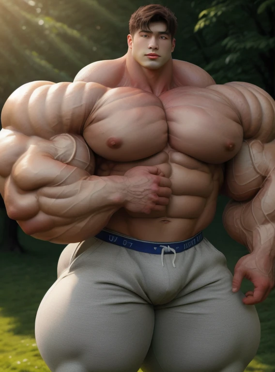 1 asian daddy, handsome, giant, buzz haircut, model shoot style, looking at camera, standing up, cool ambiance, outdoor, large dry meadows, strong body, bulk, naked, wear grey prominent bulge underwear, bulge, big, brutalmass, giant, muscular body, bulk, massive body, large meaty body size, brown skin, huge arms, ballooning meaty chests. Realistic, intricate detail