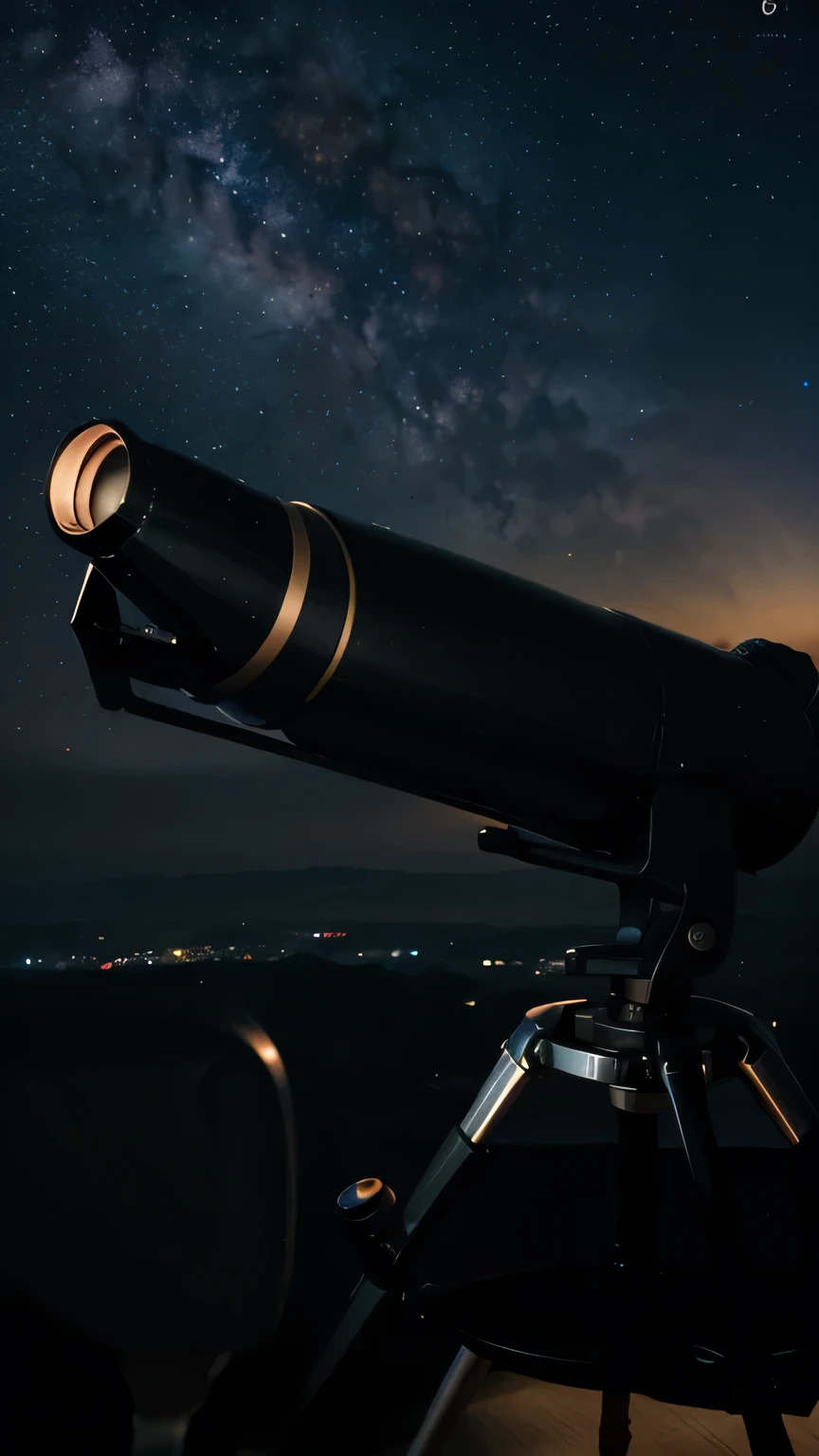 Image of a person looking through a telescope, observing a distant galaxy in deep space.