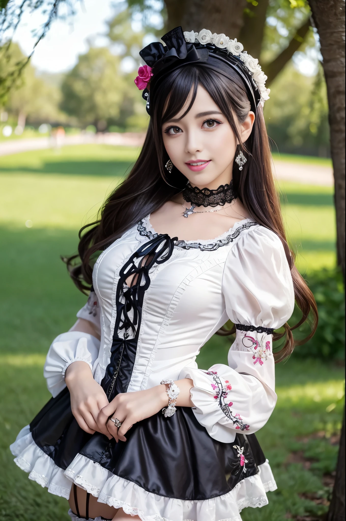 sexy stylish Spanish model, only 1 female, ((doll-like appearance)), ((ultra detailed Victorian-Style boots)), (big smile), ultra detailed eyes, vivid eye makeup, lipgloss, long lashes, defined eyebrows, ((sexy Paradise Kiss cosplay)), bell-shaped skirt, petticoats, high neckline, puffed sleeves, (( ultra detailed lace)), ((ultra detailed embroidery)), intricate details, Paradise Kiss accessoires and matching headpiece, choker, ((large sparkling Paradise Kiss jewelry)), cinematic light, detailed large park background with trees