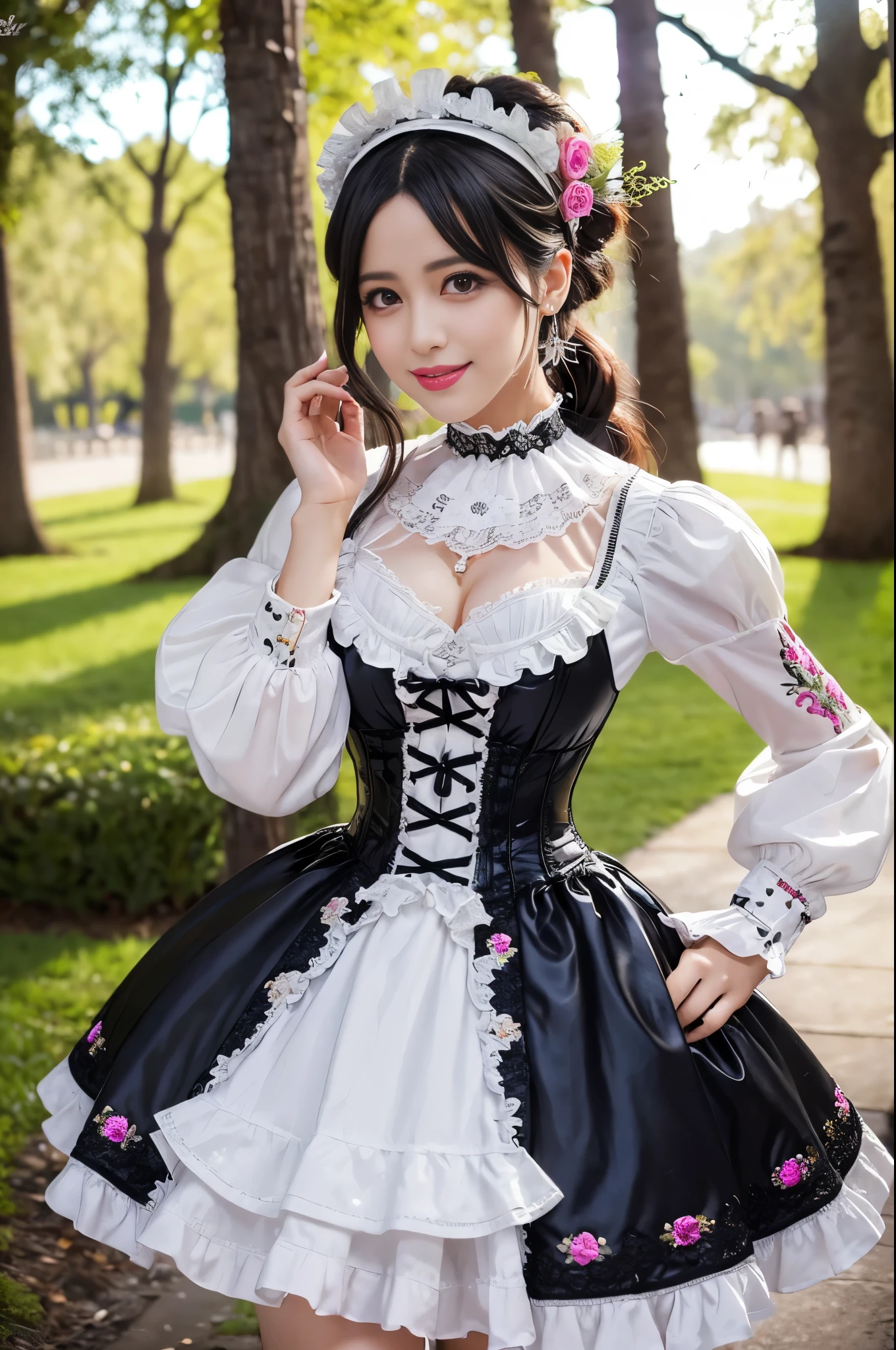 sexy stylish Spanish model, only 1 female, ((doll-like appearance)), ((ultra detailed Victorian-Style boots)), (big smile), ultra detailed eyes, vivid eye makeup, lipgloss, long lashes, defined eyebrows, ((sexy Paradise Kiss cosplay)), bell-shaped skirt, petticoats, high neckline, puffed sleeves, (( ultra detailed lace)), ((ultra detailed embroidery)), intricate details, Paradise Kiss accessoires and matching headpiece, choker, ((large sparkling Paradise Kiss jewelry)), cinematic light, detailed large park background with trees 