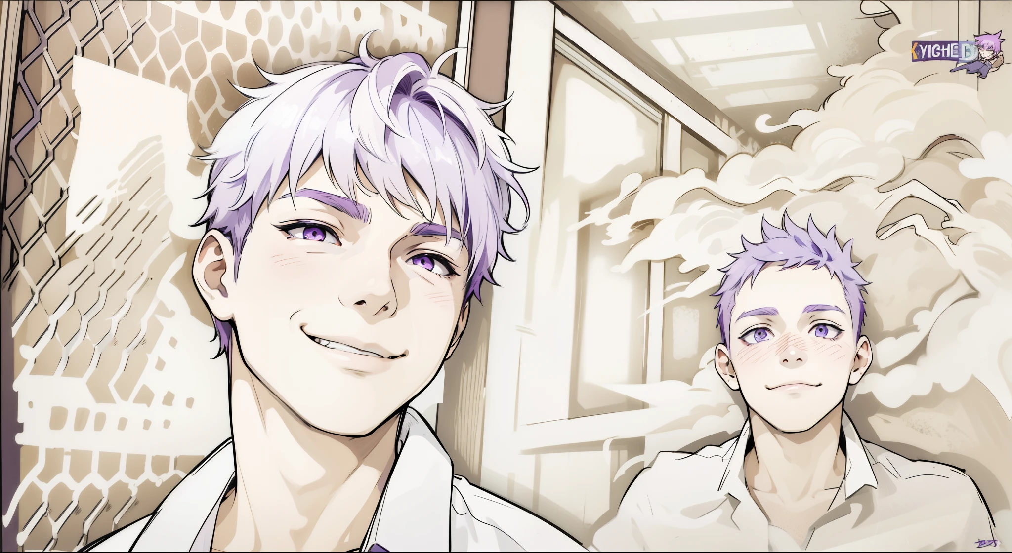 (estilo anime 2d plano)cute boy smile mischievous ironic bad hateful purple eyes purple hair