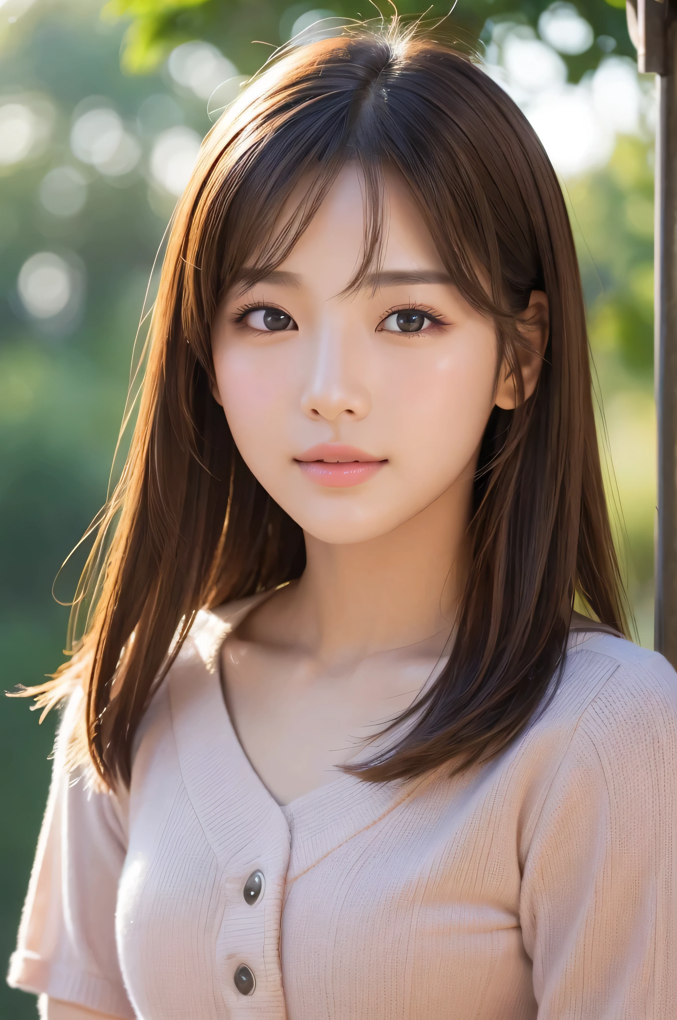 (highest quality:1.1)、(Photorealistic:1.1)、(photograph:1.1)、(Very detailed:1.1)、Beautiful detailed girl、(Very detailedな目と顔)、(Facial lighting)、(Skin that glows in the sunlight)、((Perfectly anatomically balanced style))、(Cute pose)、(Facing forward)(looking at the camera)(Brown Hair)、(Well-formed face)、(Korean Idol)、(Prominent double eyelids)、(Large pupil)、(Nose with beautiful nasal muscles)、(Beautiful Lips)